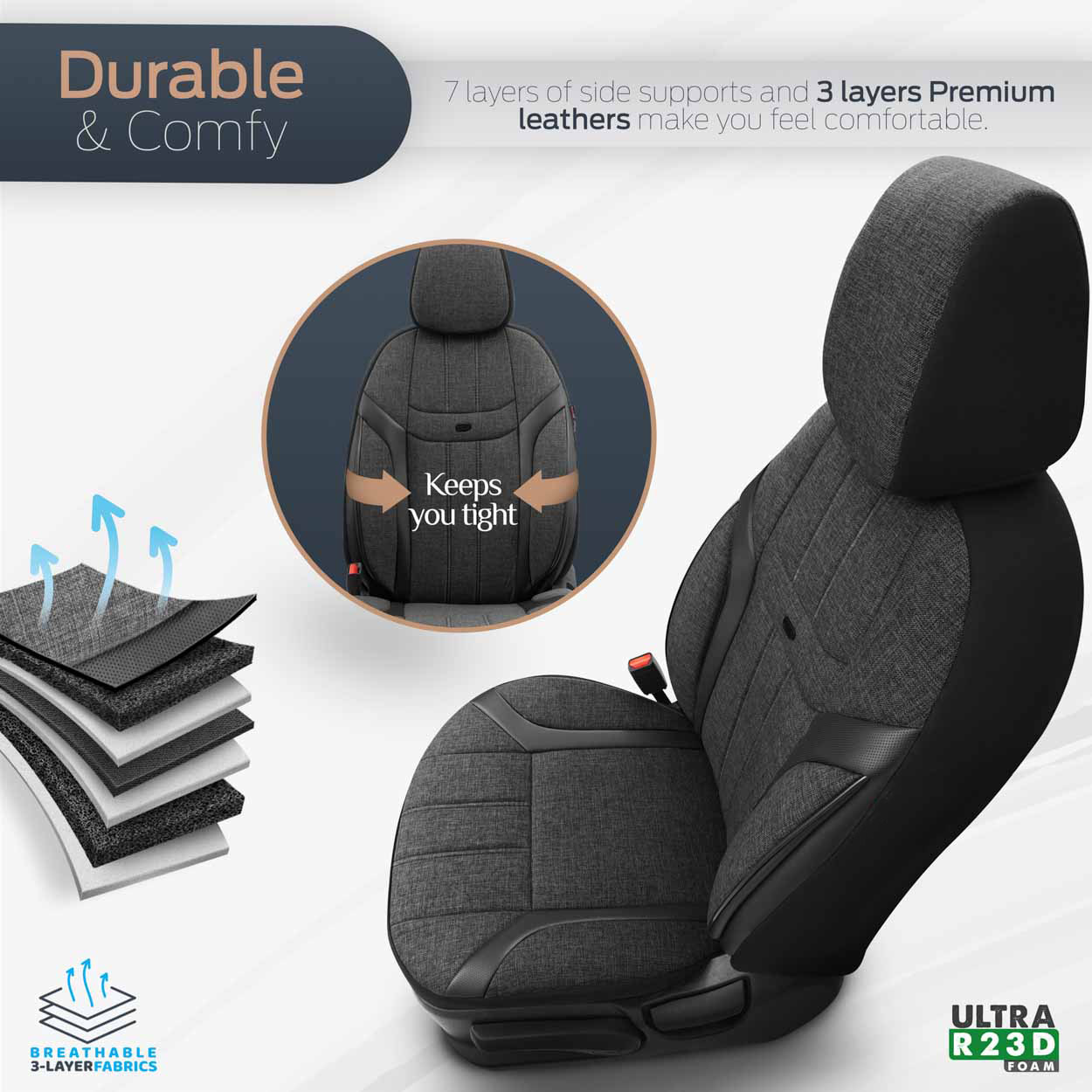 AMiO - Καλύμματα Καθισμάτων OTOM Swan 501 Black Μαύρο/Γκρι Σκούρο Λινό Ύφασμα και Δερματίνη για Μπροστινά και Πίσω Καθίσματα με 5 Προσκέφαλα - 1 Σετ (OT86751/AM)