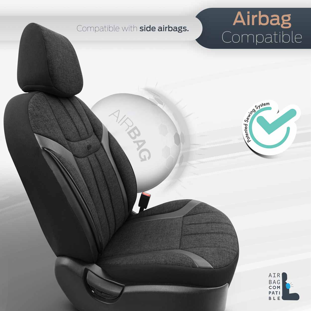 AMiO - Καλύμματα Καθισμάτων OTOM Swan 501 Black Μαύρο/Γκρι Σκούρο Λινό Ύφασμα και Δερματίνη για Μπροστινά και Πίσω Καθίσματα με 5 Προσκέφαλα - 1 Σετ (OT86751/AM)