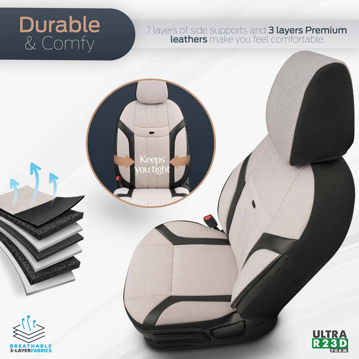AMiO - Καλύμματα Καθισμάτων OTOM Swan 503 Beige Μαύρο/Μπεζ Λινό Ύφασμα και Δερματίνη για Μπροστινά και Πίσω Καθίσματα με 5 Προσκέφαλα - 1 Σετ (OT86753/AM)