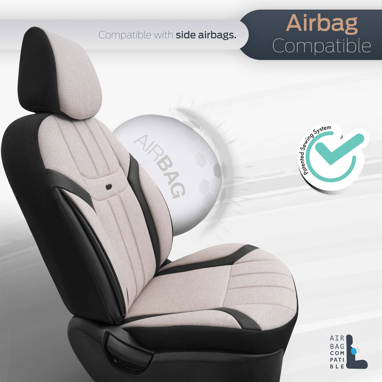 AMiO - Καλύμματα Καθισμάτων OTOM Swan 503 Beige Μαύρο/Μπεζ Λινό Ύφασμα και Δερματίνη για Μπροστινά και Πίσω Καθίσματα με 5 Προσκέφαλα - 1 Σετ (OT86753/AM)