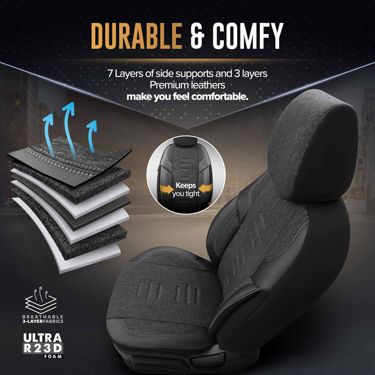 Amio - Καλύμματα Καθισμάτων OTOM Throne 102 Smoked σε Μαύρο/Γκρι Λινό και Δερματίνη για Μπροστινά και Πίσω Καθίσματα με 5 Προσκέφαλα - 1 σετ. (OT86755/AM)