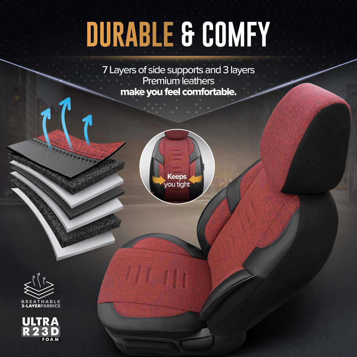AMiO - Καλύμματα Καθισμάτων OTOM Throne 103 Red σε Μαύρο/Γκρι/Κόκκινο Ύφασμα και Δερματίνη για Μπροστινά και Πίσω Καθίσματα με 5 Προσκέφαλα - 1 Σετ (OT86756/AM)
