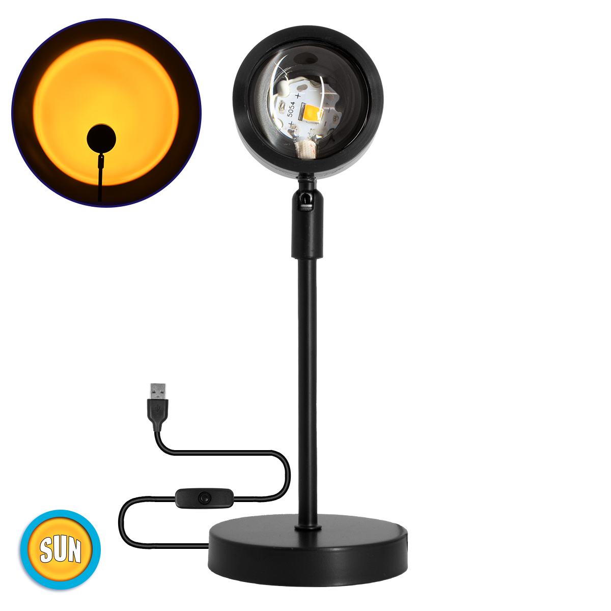 GloboStar® 00814 Επιτραπέζιο Φωτιστικό Πορτατίφ LED 12W 600lm 180° DC 5V IP20 Κίτρινο - Πορτοκαλί SUN EFFECT Μαύρο Μέταλλο με Διάφανο Πλαστικό - Μ10 x Π10 x Υ26.5cm - 2 Xρόνια Εγγύηση
