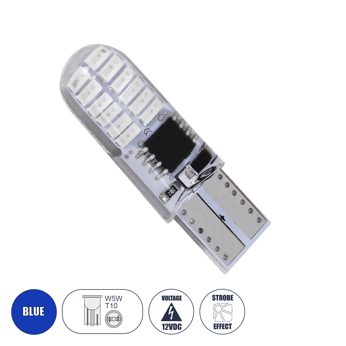 GloboStar® 08342 Λάμπα Αυτοκινήτου LED STROBE T10 W5W 24xSMD3014 1W 120lm 360° DC 12V IP20 Φ1 x Υ3.2cm Μπλε