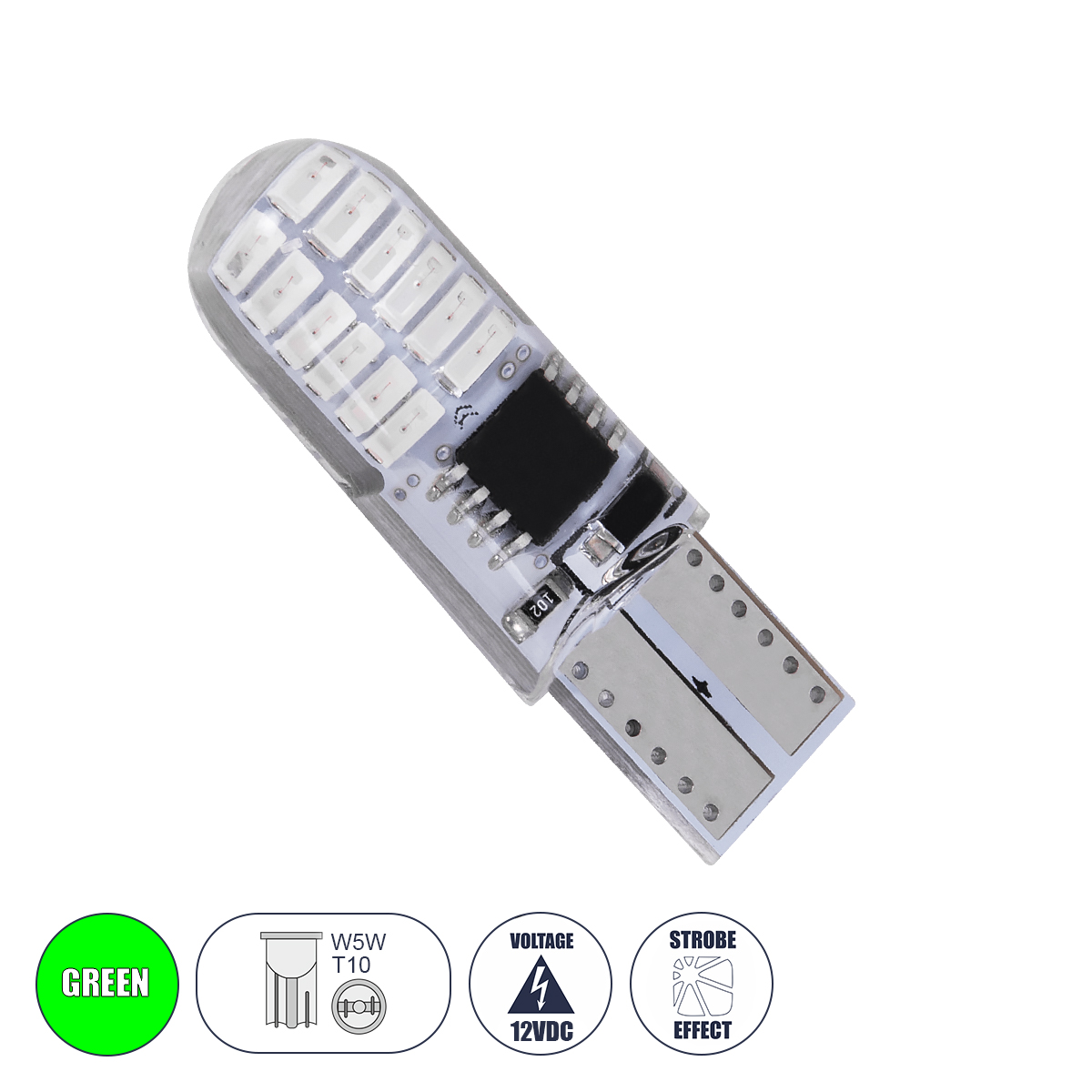 GloboStar® 08343 Λάμπα Αυτοκινήτου LED STROBE T10 W5W 24xSMD3014 1W 120lm 360° DC 12V IP20 Φ1 x Υ3.2cm Πράσινο
