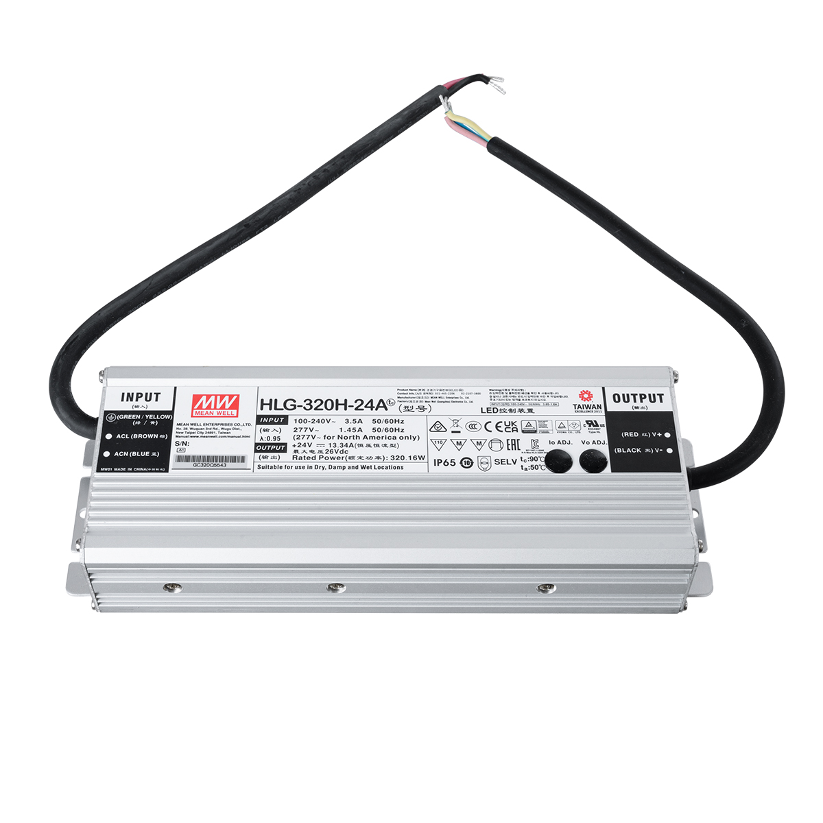 GLOBOSTAR® MEANWELL-HLG320H-24A 90794 Τροφοδοτικό/Μετασχηματιστής SELV 320W 13.3A DC24V Αδιάβροχο IP65 - AC 220-240V σε DC 24V / Ρυθμιζόμενο από DC 21V έως DC 26V - Μ25.2 x Π9 x Υ4.38cm - 3 Χρόνια Εγγύηση