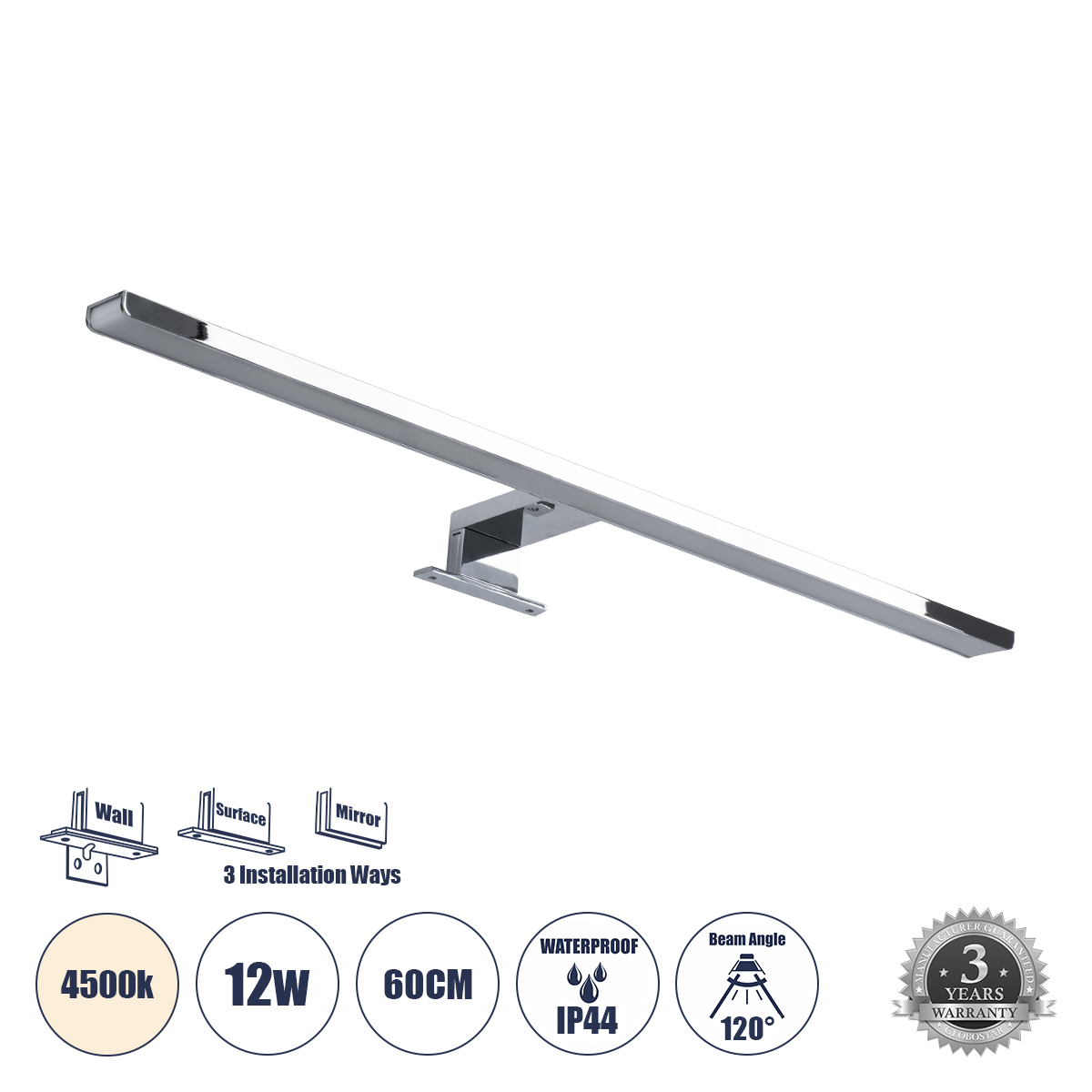 GLOBOSTAR® NINA 60422 Μοντέρνο Φωτιστικό Τοίχου - Απλίκα Καθρέπτη Μπάνιου LED 12W 1400lm 120° AC 220-240V IP44 Φυσικό Λευκό 4500K - Lumileds SMD Chip & TÜV SÜD Driver - Νίκελ Χρώμιο - Μ60 x Π10.5 x Υ4cm - 3 Χρόνια Εγγύηση