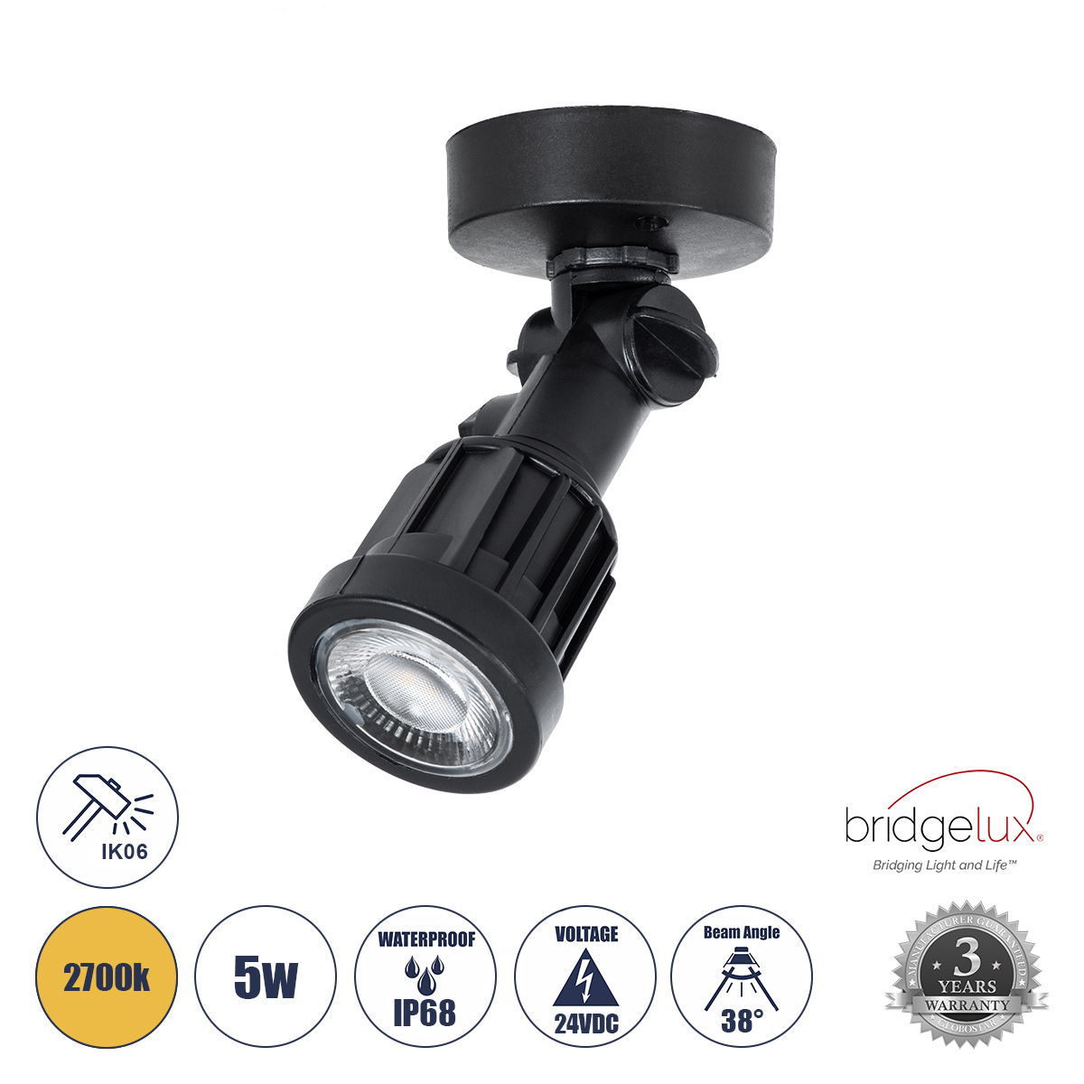 GLOBOSTAR® GARDENINI 61546 Φωτιστικό Σποτ LED 5W 650lm 38° DC 24V Αδιάβροχο IP68 Θερμό Λευκό 2700K Dimmable - Lumileds SMD Chip - Μαύρο - Μ7 x Π7 x Υ14.5cm - 3 Χρόνια Εγγύηση