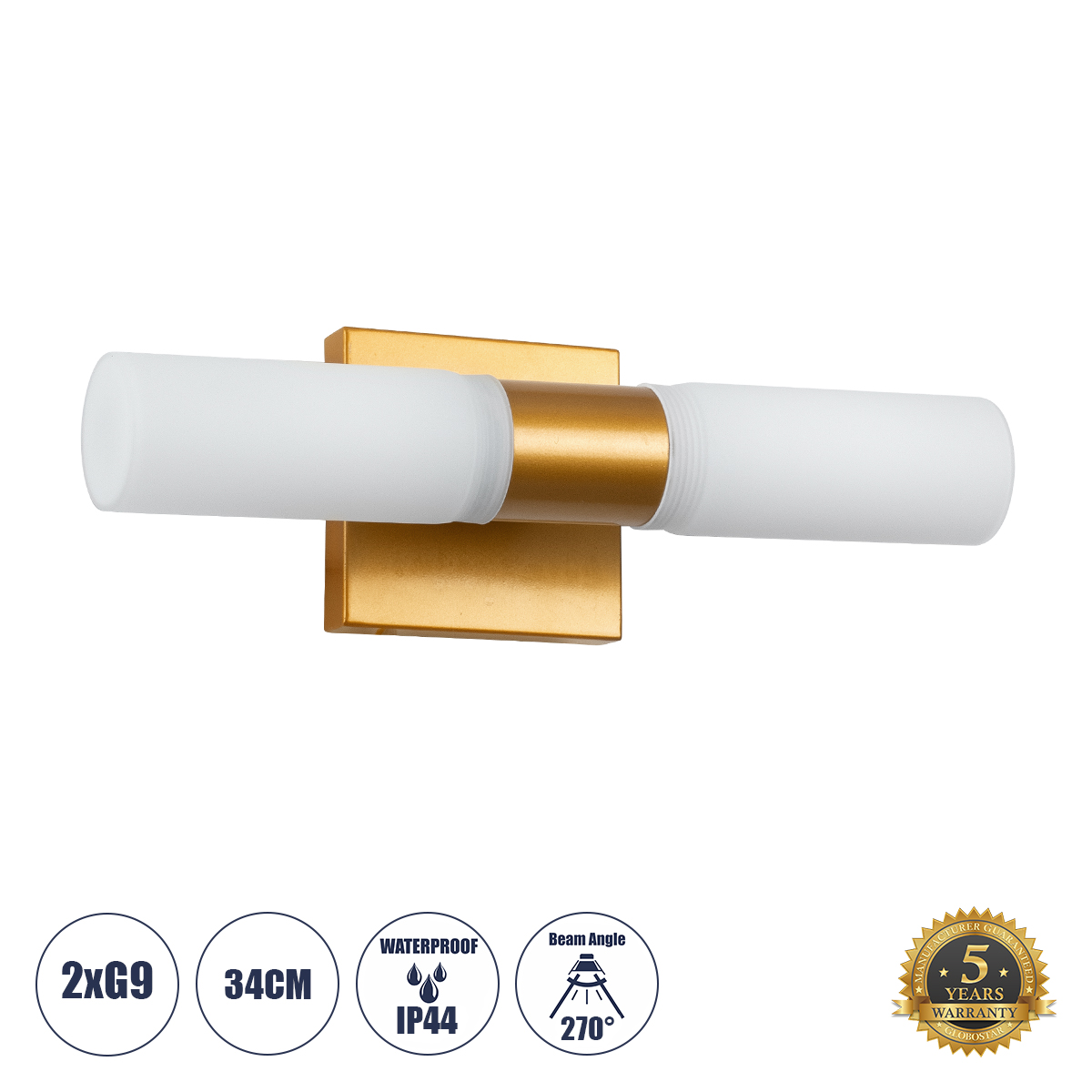 GLOBOSTAR® ANAIS 60411 Μοντέρνο Φωτιστικό Τοίχου - Απλίκα Καθρέπτη Μπάνιου με Ντουί 2 x G9 AC 220-240V Αδιάβροχο IP44 - Χάλκινο & Λευκό - Μ34 x Π12 x Υ11cm