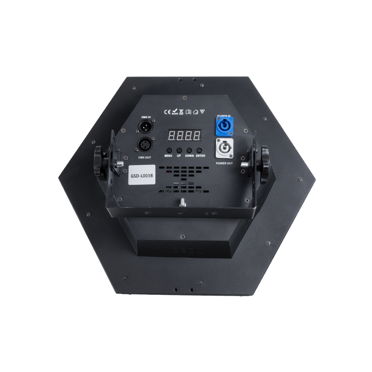 GloboStar® 51201 HALO HEXA Επαγγελματικό Φωτιστικό Ειδικών Εφέ DIGITAL MATRIX PIXEL & Blinder - 3 x 80W LED COB Chips Ultra Gold Warm White 2200K & 30 x 0.5W LED SMD5050 Chips RGB - AC 220V-240V DMX512 Display on Body - Μαύρο - Μ38 x Π38 x Υ22cm -