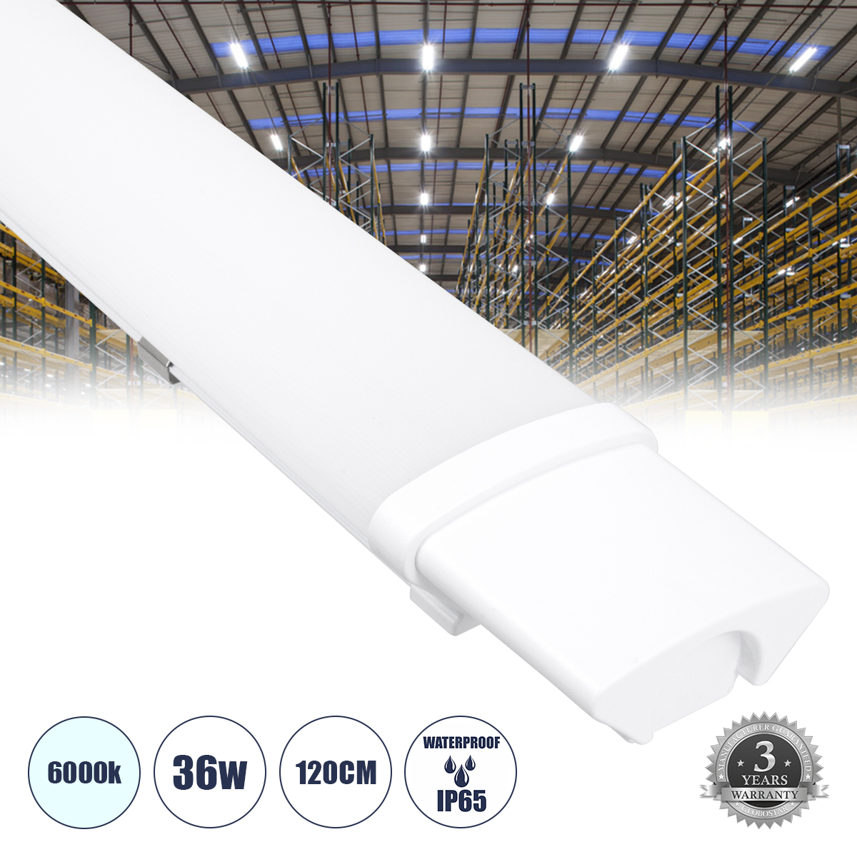 GLOBOSTAR® BIOMI 60164 Γραμμικό Βιομηχανικό Φωτιστικό Tri-Proof LED 36W 4058lm 120° AC 220-240V Αδιάβροχο IP65 Ψυχρό Λευκό 6000K - Lumileds SMD Chip - Μ120 x Π6 x Υ4cm - 3 Χρόνια Εγγύηση