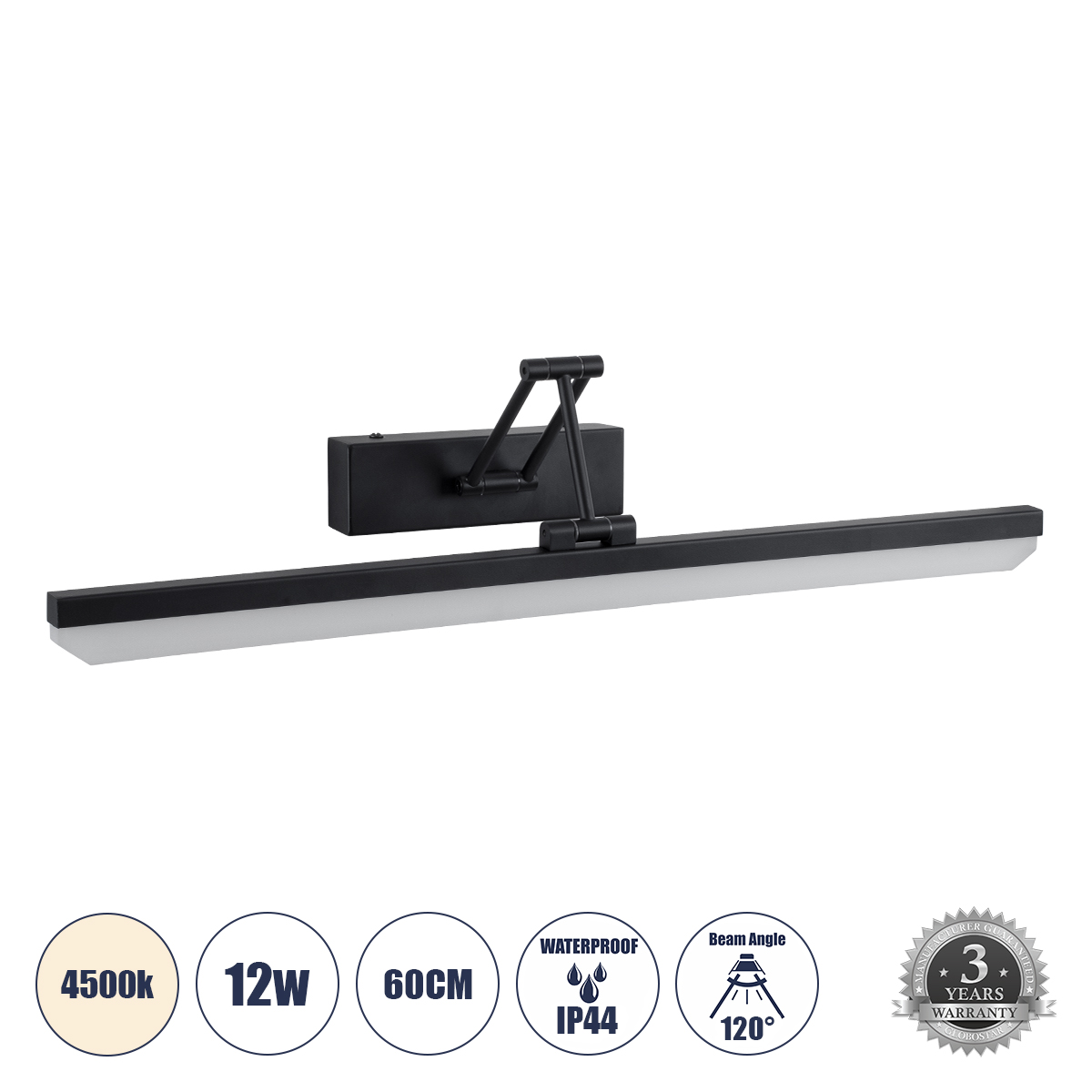 GLOBOSTAR® MARA 60446 Μοντέρνο Φωτιστικό Τοίχου - Απλίκα Καθρέπτη Μπάνιου LED 12W 1400lm 120° AC 220-240V IP20 Φυσικό Λευκό 4500K - Lumileds SMD Chip & TÜV SÜD Driver - Μαύρο Ματ - Μ60 x Π15 x Υ13cm - 3 Χρόνια Εγγύηση