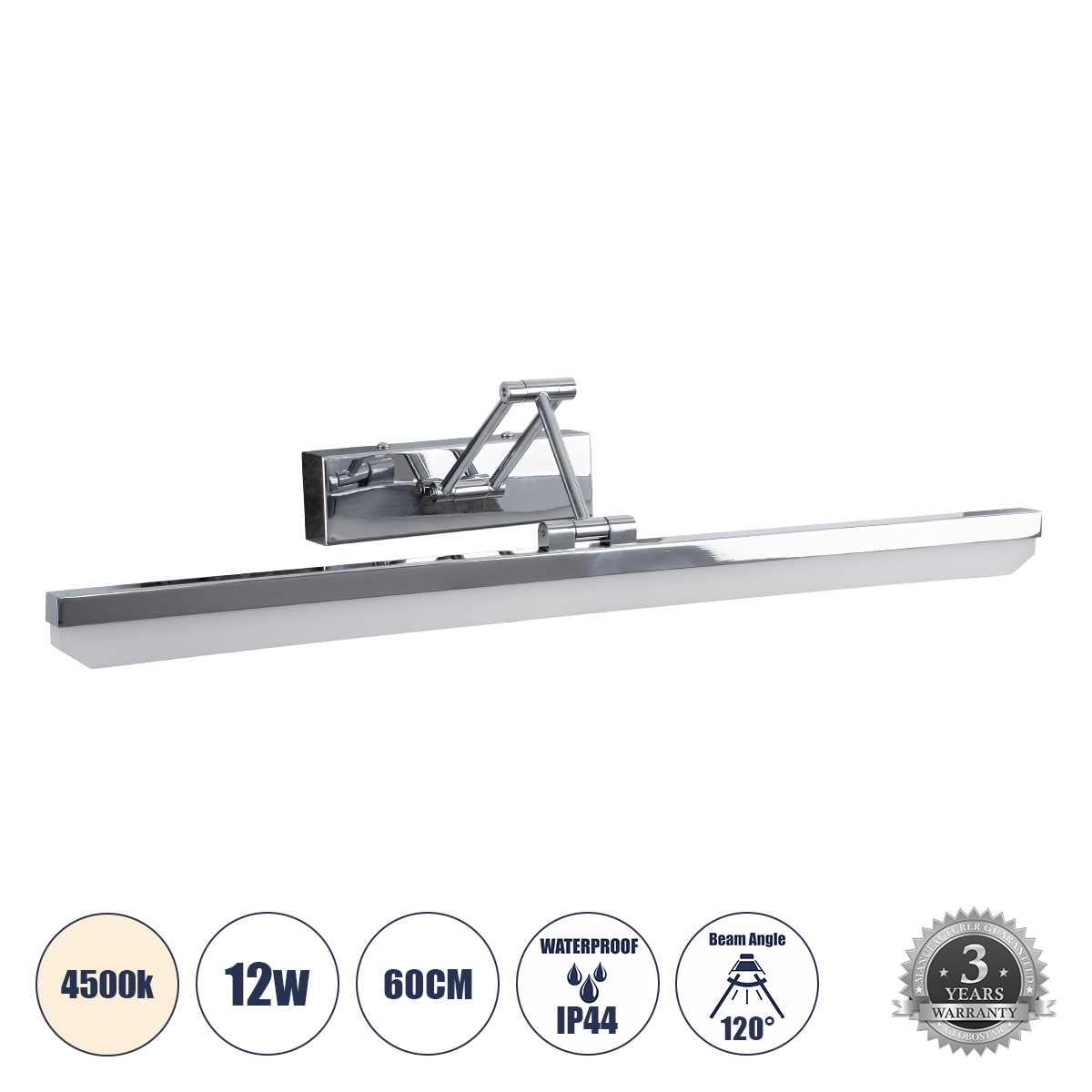 GLOBOSTAR® MARA 60447 Μοντέρνο Φωτιστικό Τοίχου - Απλίκα Καθρέπτη Μπάνιου LED 12W 1400lm 120° AC 220-240V IP20 Φυσικό Λευκό 4500K - Lumileds SMD Chip & TÜV SÜD Driver - Νίκελ Χρώμιο - Μ60 x Π15 x Υ13cm - 3 Χρόνια Εγγύηση