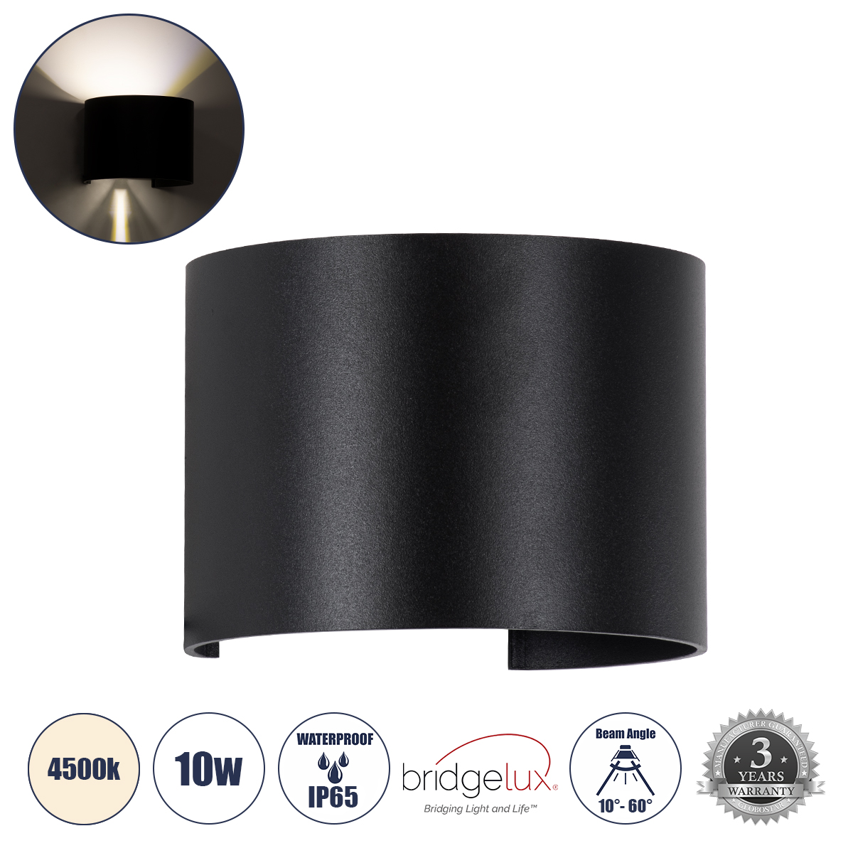 GLOBOSTAR® AXIS-R 60640 Μοντέρνο Φωτιστικό Τοίχου - Απλίκα LED 10W 1200lm 5°/60° AC 220-240V Αδιάβροχο IP65 Φυσικό Λευκό 4500K - Bridgelux COB Chip & TÜV SÜD Driver - Μαύρο Ματ - Μ10 x Π10 x Υ10cm - 5 Χρόνια Εγγύηση