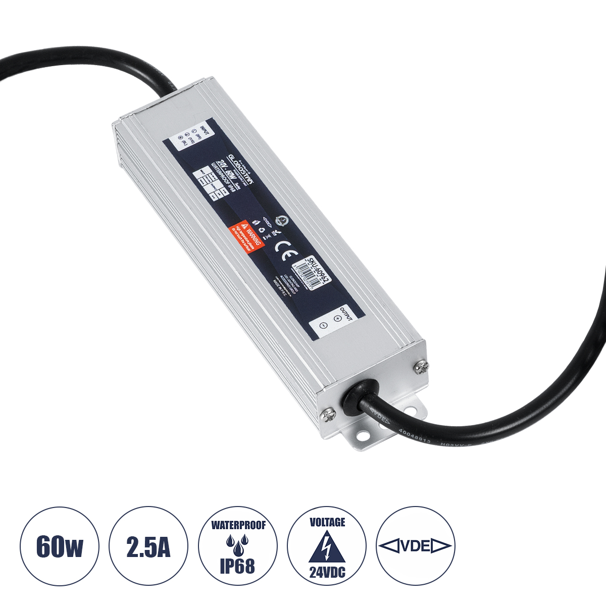 GLOBOSTAR® LUMISPLASH 60962 Τροφοδοτικό/Μετασχηματιστής Class II SELV 60W 2.5A DC 24V Αδιάβροχο IP68 - AC 220-240V σε DC 24V - Μ15 x Π3.5 x Υ2cm - 3 Χρόνια Εγγύηση