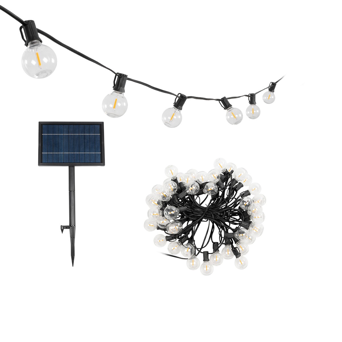 GLOBOSTAR® TWILIGHT 79669 Μοντέρνο Φωτιστικό Κήπου Γιρλάντα 14.5m με 50 Λάμπες LED 30W 2700lm 360° DC 3.6V με Φωτοβολταϊκό Panel 5.5V 5W & Επαναφορτιζόμενη Μπαταρία Li-ion 3.7V 3x18650 6600mAh Αδιάβροχο IP65 Θερμό Λευκό 2700Κ Dimmable - Sanan SMD Chip