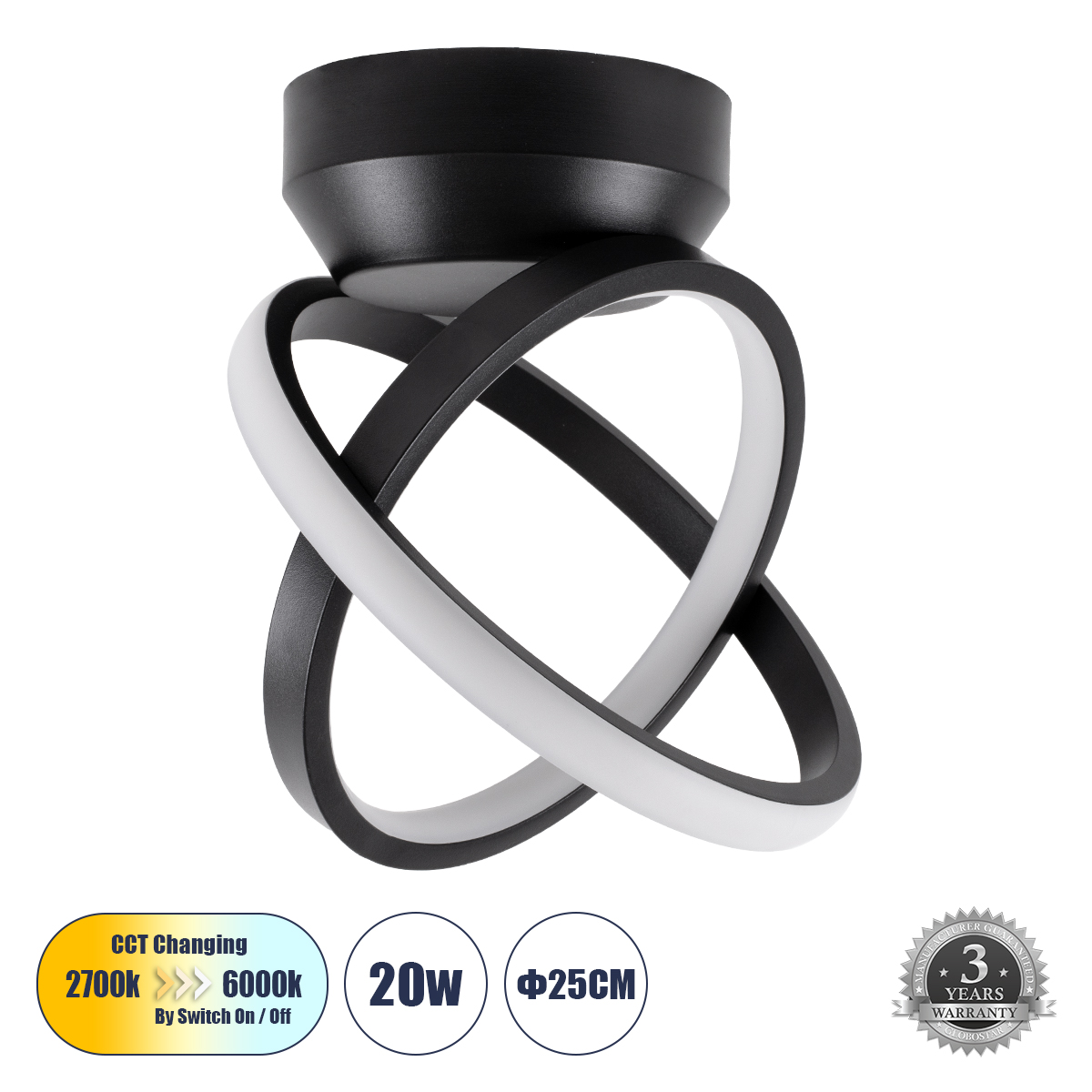 GLOBOSTAR® AMELIA 61052 Μοντέρνο Φωτιστικό Οροφής LED 20W 2400lm 300° AC 220-240V IP20 Ρυθμιζόμενο Λευκό CCT με On/Off 2700K/4500K/6000K - Lumileds SMD Chip - Μαύρο Ματ - Μ24.5 x Π16 x Υ25cm - 3 Χρόνια Εγγύηση