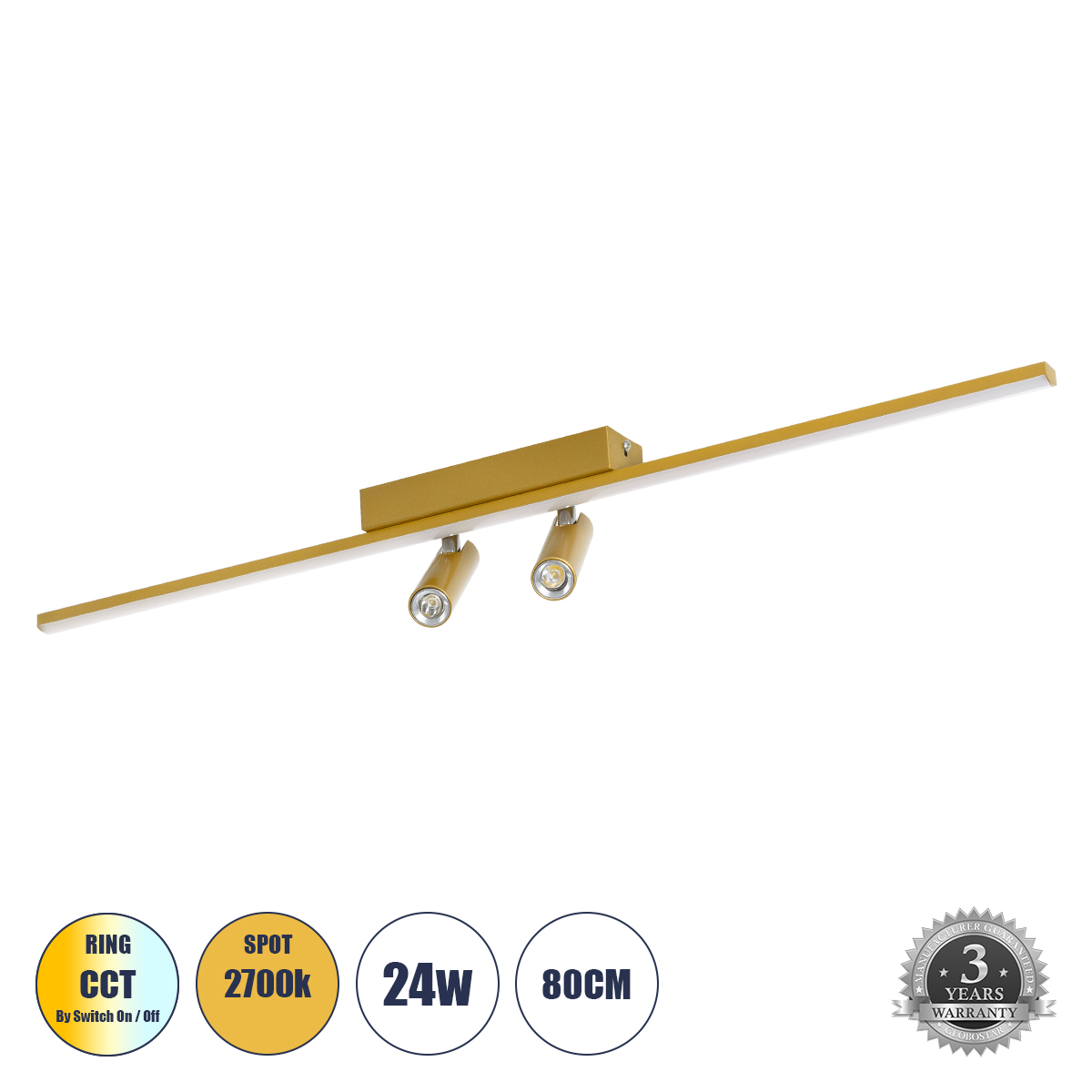 GLOBOSTAR® BARETTI 61228 Μοντέρνο Φωτιστικό Οροφής LED 24W 2688lm 160° & 45° AC 220-240V IP20 Ρυθμιζόμενο Λευκό CCT με On/Off 2700K/4500K/6000K - Lumileds SMD Chip - Χρυσό - Μ80 x Π5 x Υ15cm - 3 Χρόνια Εγγύηση