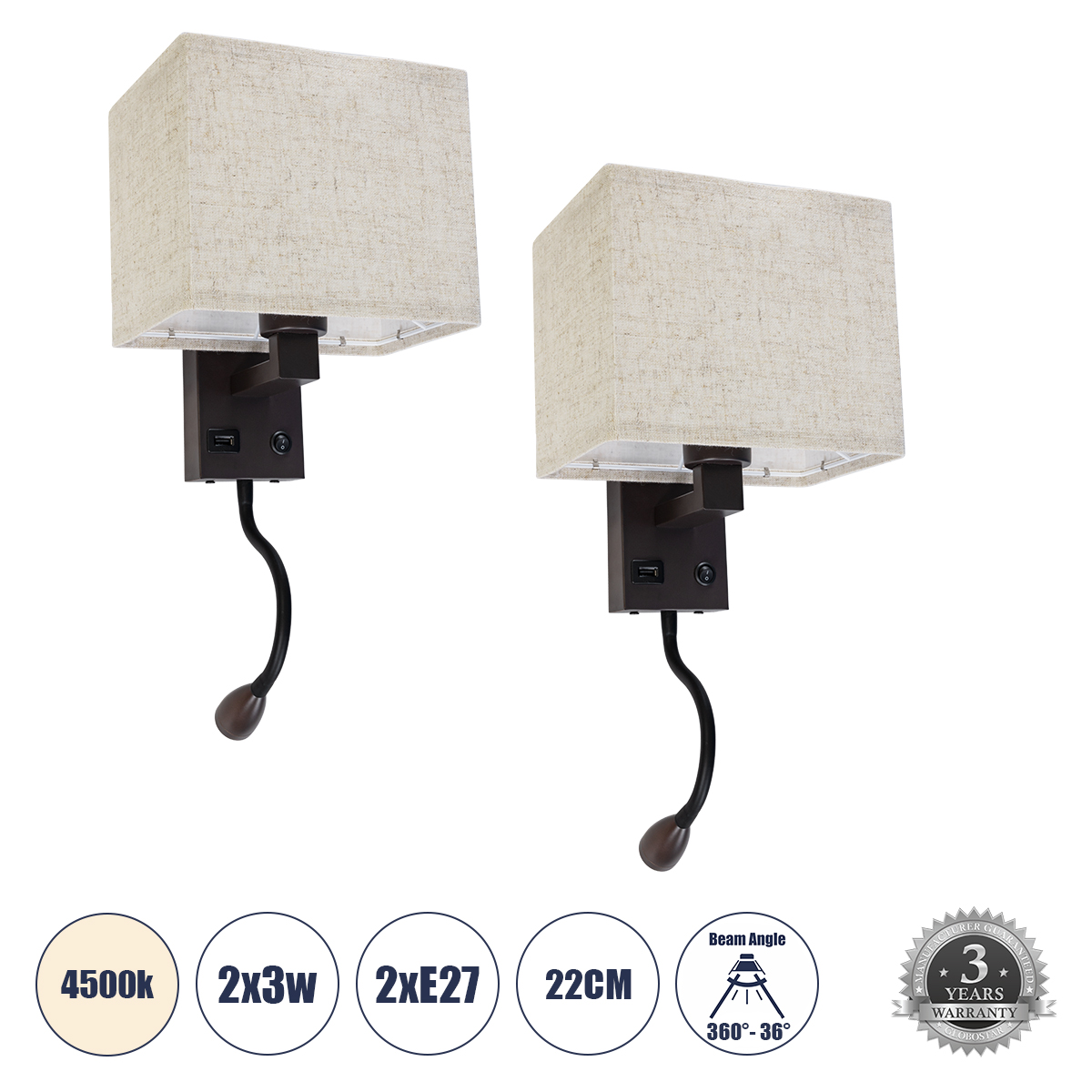 GLOBOSTAR® ROULETTE-S 61384 Μοντέρνο Φωτιστικό Τοίχου - Απλίκα Ξενοδοχείου Reading Light με Φορτιστή USB 3A & Ντουί 1 x E27 LED 3W 360lm 36° & 360° AC 220-240V IP20 Φυσικό Λευκό 4500K - Bridgelux COB Chip & TÜV SÜD Driver - Καφέ & Μπεζ - Μ