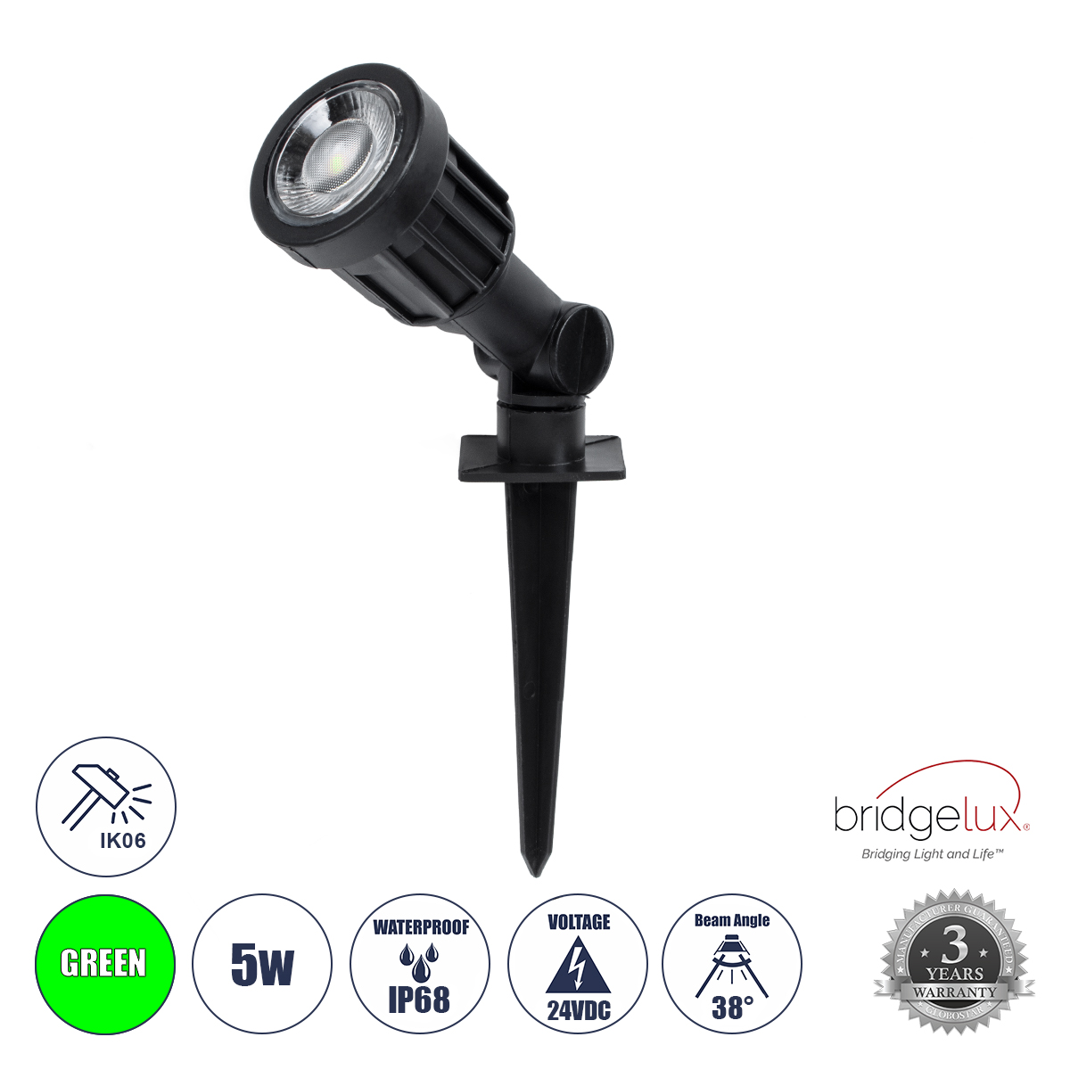 GLOBOSTAR® GARDENINI 61544 Φωτιστικό Σποτ για Φυτά - Δέντρα με Βάση Κήπου / Καρφωτό LED 5W 550lm 38° DC 24V Αδιάβροχο IP68 Πράσινο Dimmable - Lumileds SMD Chip - Μαύρο - Μ5.5 x Π5.5 x Υ13.5cm - 3 Χρόνια Εγγύηση