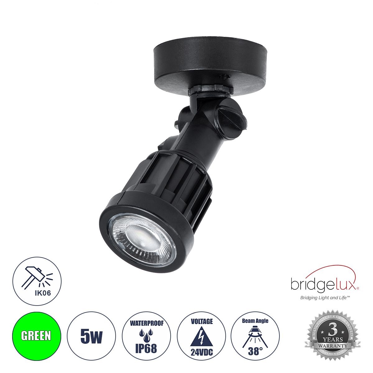 GLOBOSTAR® GARDENINI 61547 Φωτιστικό Σποτ LED 5W 550lm 38° DC 24V Αδιάβροχο IP68 Πράσινο Dimmable - Lumileds SMD Chip - Μαύρο - Μ7 x Π7 x Υ14.5cm - 3 Χρόνια Εγγύηση