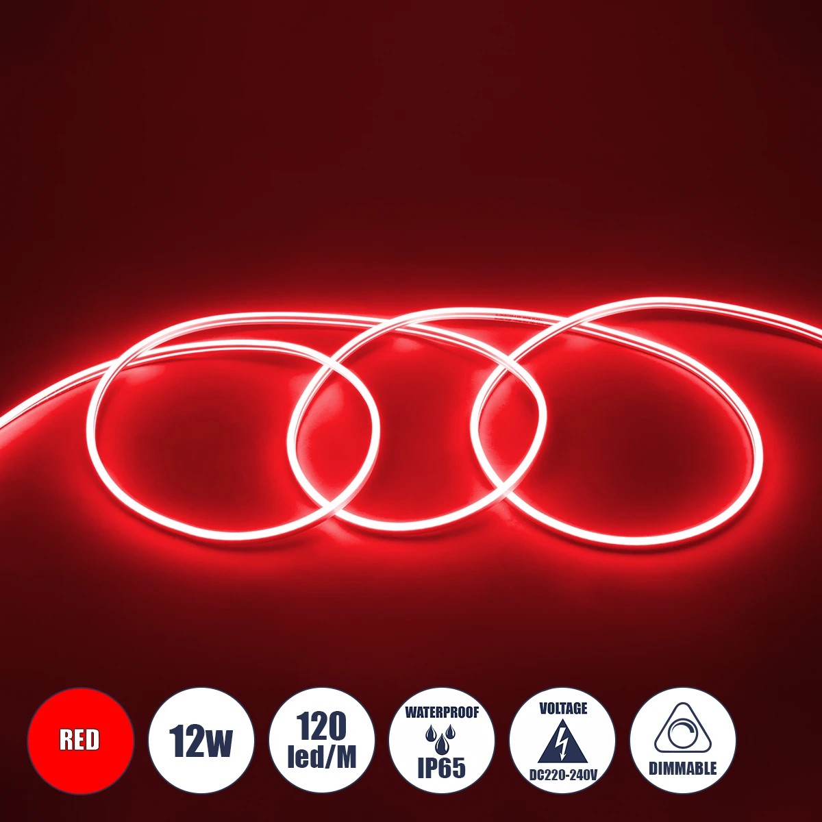 GLOBOSTAR® NEOVALE 70573 Ταινία Neon Flex LED 12W/m 600lm/m 120° DC 220-240V Αδιάβροχο IP65 120 x SMD2835 Chip/m Κόκκινο Dimmable - Sanan SMD Chip - Μ100 x Π0.8 x Υ1.6cm - 3 Χρόνια Εγγύηση