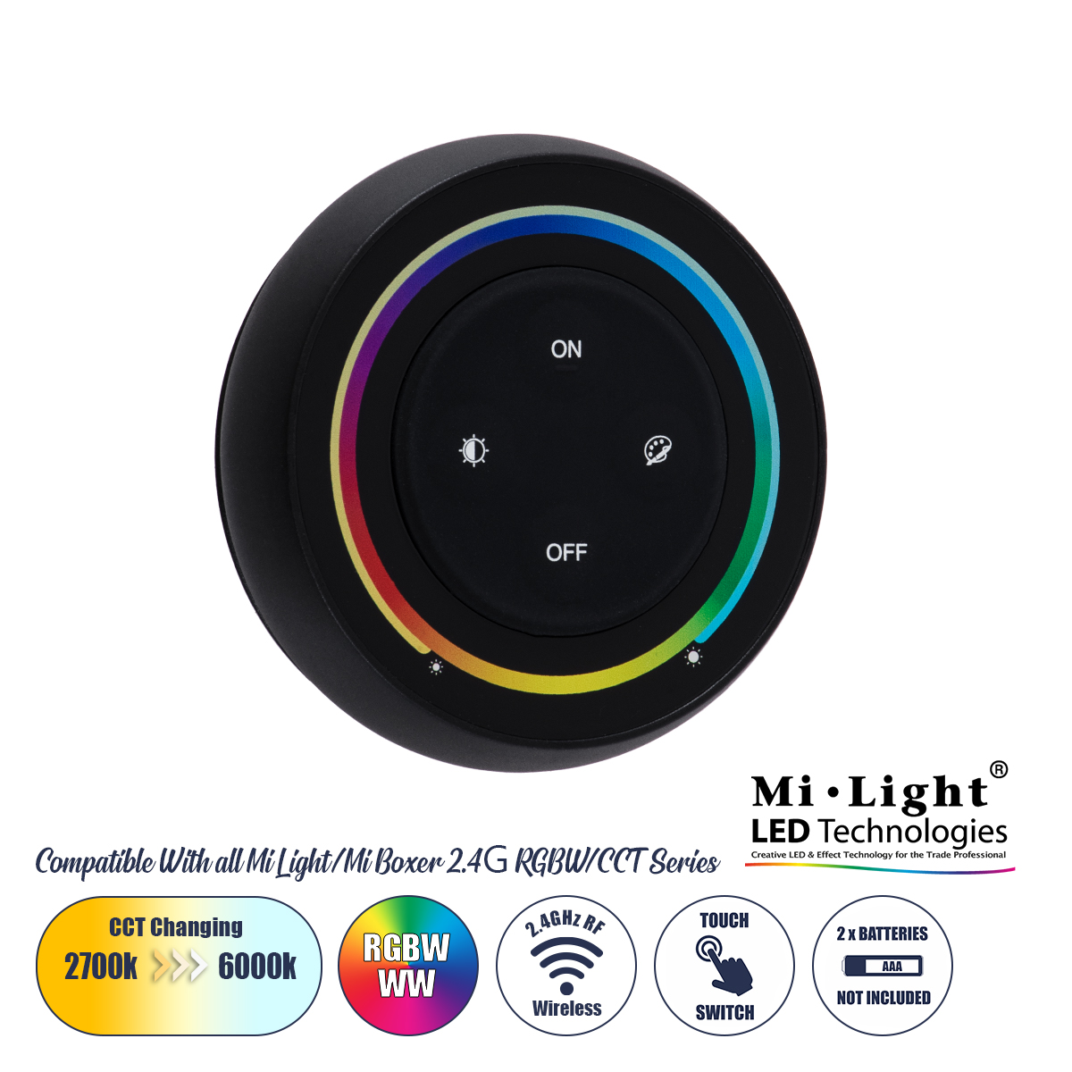 GloboStar® 71434 S2-B Mi-Light Ασύρματο Χειριστήριο Αφής RF 2.4Ghz για όλα τα RGBW+WW Mi-BOXER Controller DC 3V 2 x AAA - IP20 Μαύρο Φ7 x Υ2.5cm - 5 Years Warranty