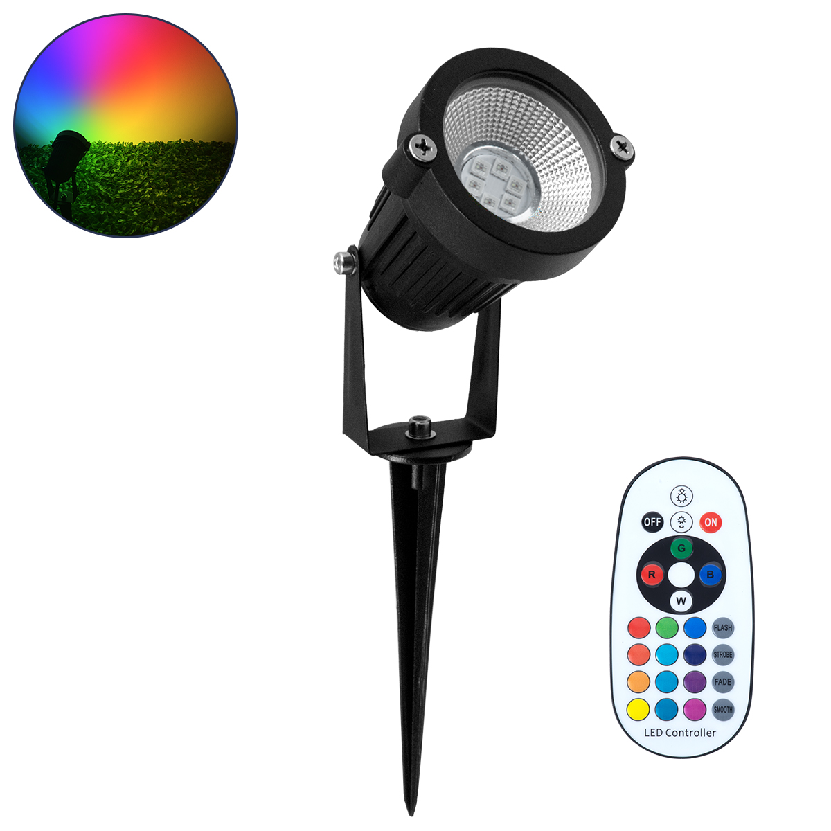 GLOBOSTAR® TREECOBO 75588 Φωτιστικό Σποτ για Φυτά - Δέντρα με Βάση Κήπου / Καρφωτό με IR Ασύρματο Χειριστήριο LED 10W 800lm 35° DC 24V Αδιάβροχο IP67 Πολύχρωμο RGB Dimmable - Epistar SMD Chip - Μαύρο - Μ6 x Π6 x Υ12.5cm - 2 Χρόνια Εγγύηση