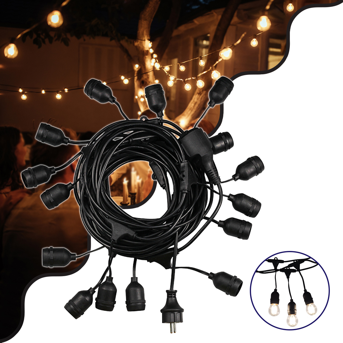GLOBOSTAR® GARLAND 78985 Καλωδιογιρλάντα 20m με Ντουί 15 x E27 & Πρίζα Schuko AC 220-240V IP65 - Μαύρο - Μ1500 x Π127 x Υ16cm