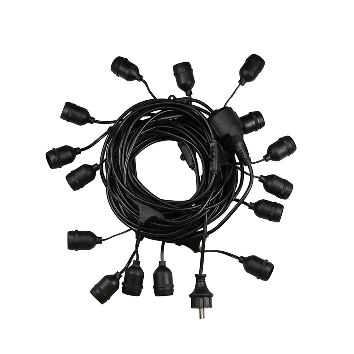 GLOBOSTAR® GARLAND 78985 Καλωδιογιρλάντα 20m με Ντουί 15 x E27 & Πρίζα Schuko AC 220-240V IP65 - Μαύρο - Μ1500 x Π127 x Υ16cm