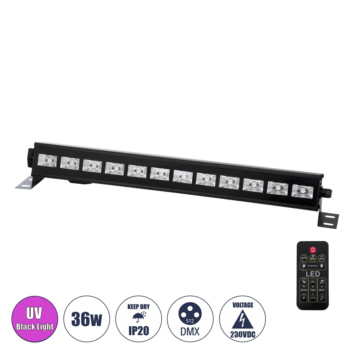 GLOBOSTAR® UVBAR 79660 Μπάρα Φωτισμού με IR Ασύρματο Χειριστήριο LED 36W 120° AC 220-240V IP20 Ultraviolet UV Black Light DMX512 - Star LED Chip - Μαύρο - Μ50 x Π6 x Υ6cm - 2 Χρόνια Εγγύηση