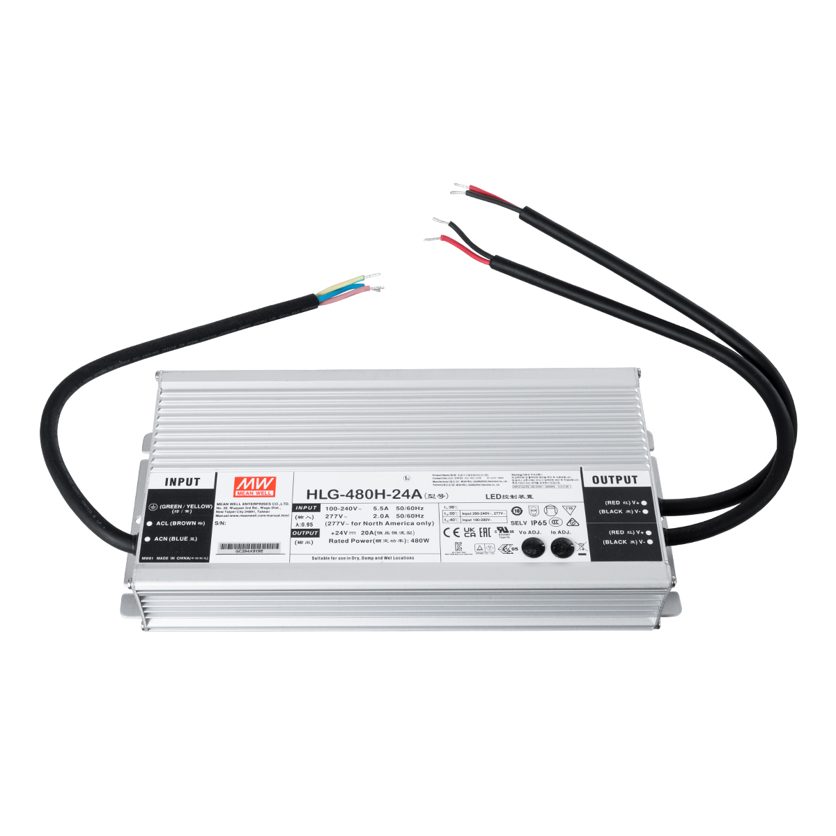 GLOBOSTAR® MEANWELL-HLG480H-24A 90795 Τροφοδοτικό/Μετασχηματιστής Class I SELV 480W 20A AC 220-240V σε DC 24V Αδιάβροχο IP65 - Ρυθμιζόμενo από DC 20.4V έως DC 25.2V - Ασημί - Μ26.2 x Π12.5 x Υ4.4cm - 3 Χρόνια Εγγύηση