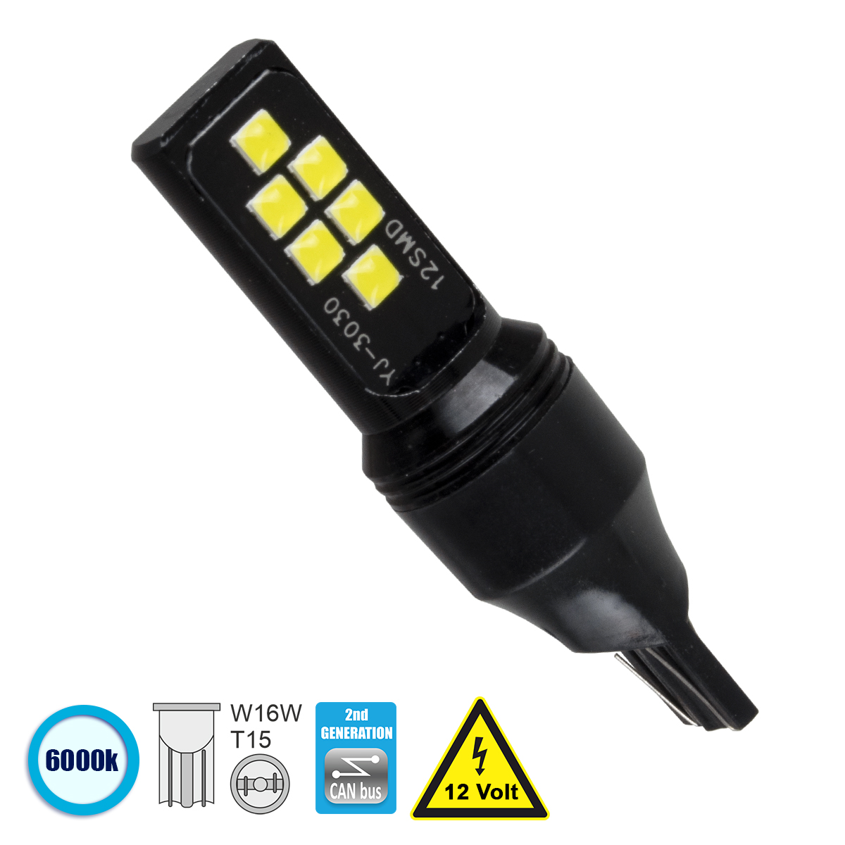 GloboStar®  81133 Λάμπα Αυτοκίνητου T15 - W16W 2nd Generation Can-Bus Series LED 12 SMD 3030 3W 440lm 360° DC 12V IP20 Ψυχρό Λευκό 6000K