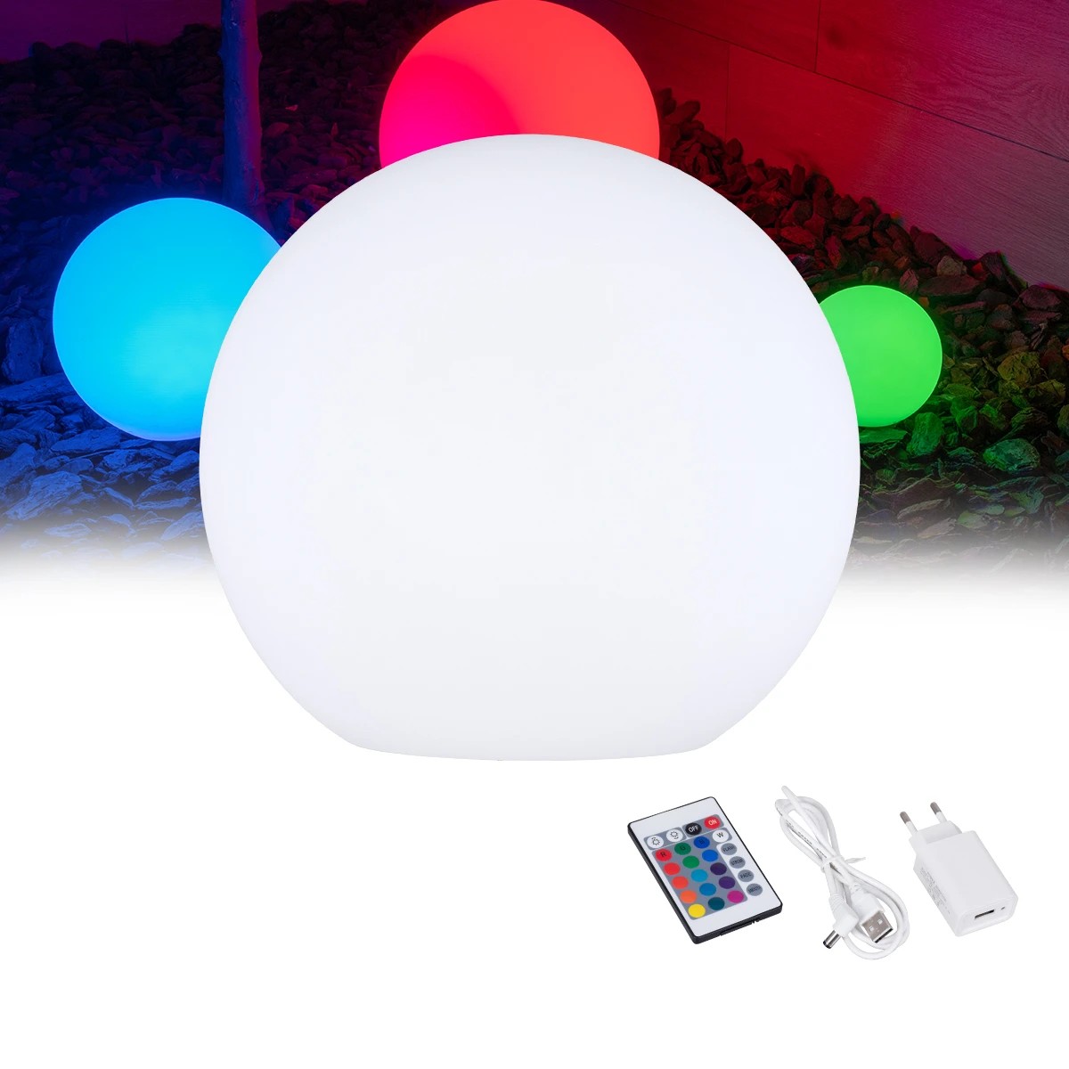 GloboStar® GARDENGLOW  85825 Μοντέρνο Φωτιστικό Κήπου Μπάλα LED Globe 10W Φ40 Επαναφορτιζόμενο Μπαταρίας με Καλώδιο USB - Φορτιστή και Ασύρματο Χειριστήριο IR Αδιάβροχο IP54 Πολύχρωμο RGBW