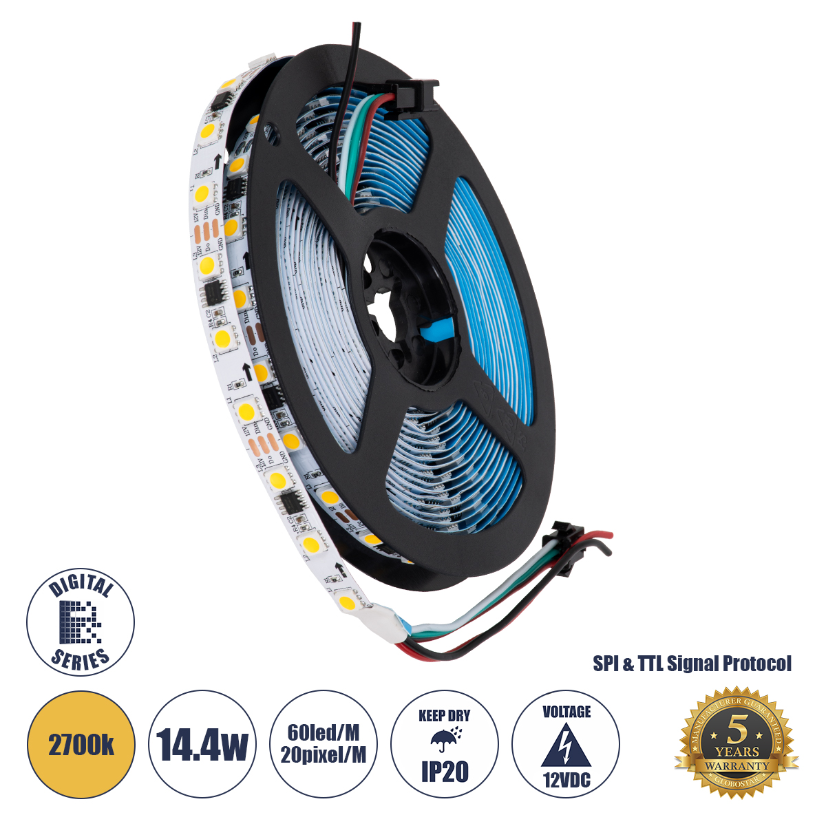GLOBOSTAR® DIGIPRO 90588 Ψηφιακή Pixel Addressable Ταινία LED 14.4W/m 1296lm/m 120° DC 12V IP20 60 x SMD5050 Chip/m 20 x Pixel/m Θερμό Λευκό 2700K Dimmable SPI/TTL Protocol IC WS2811/UCS16703 - Sanan SMD Chip - Μ500 x Π1 x Υ0.2cm - Ρολό 5 Μέτρων - 5 Χρόνι