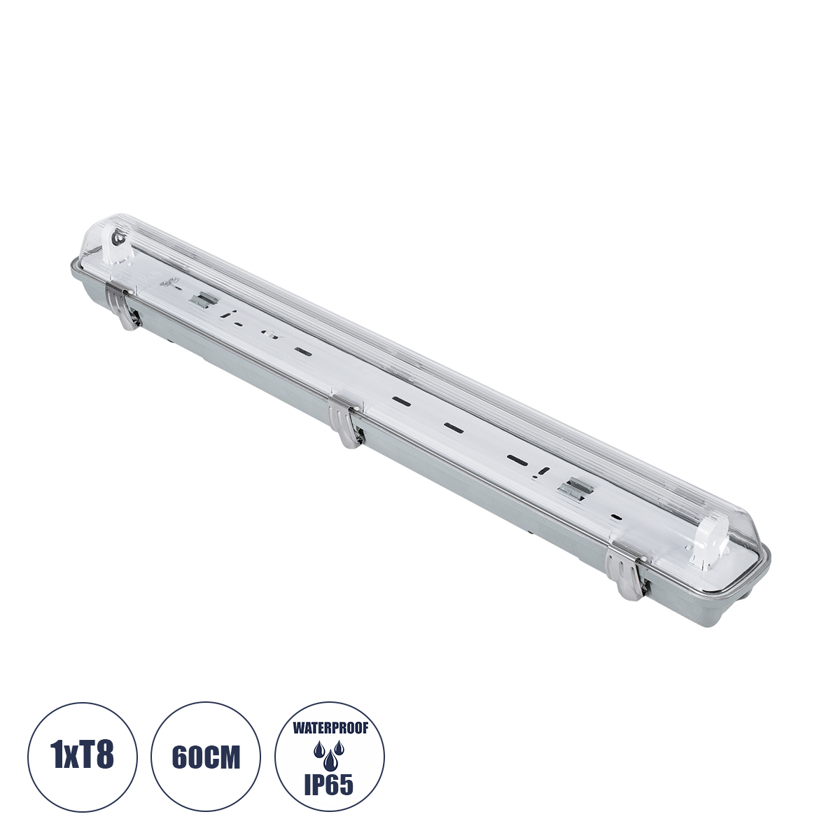GLOBOSTAR® VIGAS 90610 Γραμμικό Βιομηχανικό Φωτιστικό Σκαφάκι Tri-Proof με Μεταλλικά Clips για 1 x Λάμπα T8 G13 60cm Τύπου Φθορίου LED Τροφοδοσίας Ενός Άκρου 120° AC 220-240V Αδιάβροχο IP65 - Γκρι με Διάφανο Κάλυμμα Πλαστικό PC - Μ66 x Π8 x Υ8cm