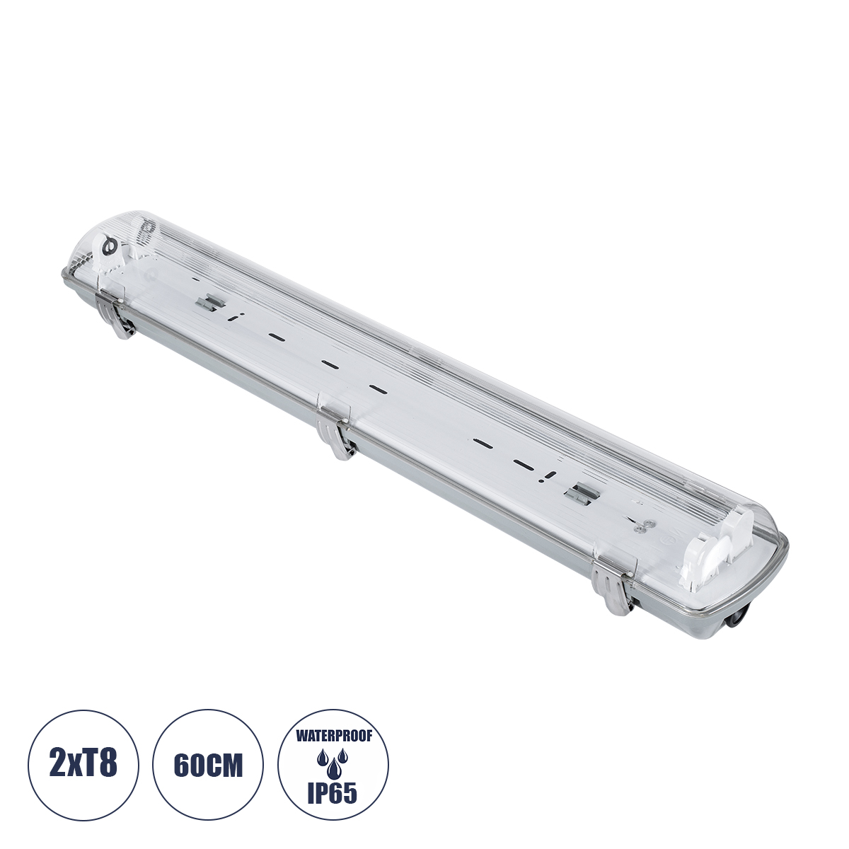GLOBOSTAR® VIGAS 90611 Γραμμικό Βιομηχανικό Φωτιστικό Σκαφάκι Tri-Proof με Μεταλλικά Clips για 2 x Λάμπες T8 G13 60cm Τύπου Φθορίου LED Τροφοδοσίας Ενός Άκρου 120° AC 220-240V Αδιάβροχο IP65 - Γκρι με Διάφανο Κάλυμμα Πλαστικό PC - Μ66 x Π11.5 x Υ9cm
