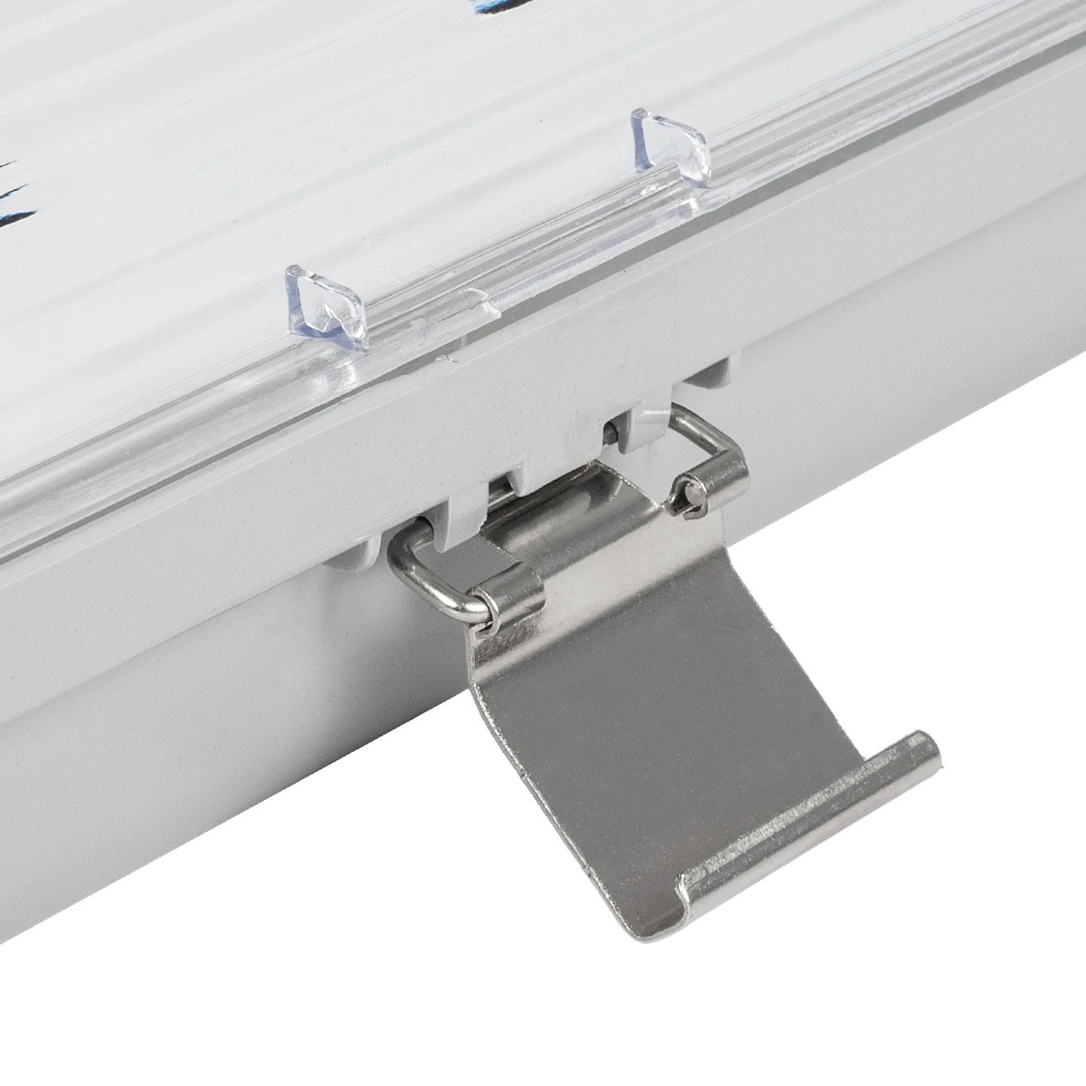 GLOBOSTAR® VIGAS 90613 Γραμμικό Βιομηχανικό Φωτιστικό Σκαφάκι Tri-Proof με Μεταλλικά Clips για 2 x Λάμπες T8 G13 120cm Τύπου Φθορίου LED Τροφοδοσίας Ενός Άκρου 120° AC 220-240V Αδιάβροχο IP65 - Γκρι με Διάφανο Κάλυμμα Πλαστικό PC - Μ126 x Π10 x Υ8cm