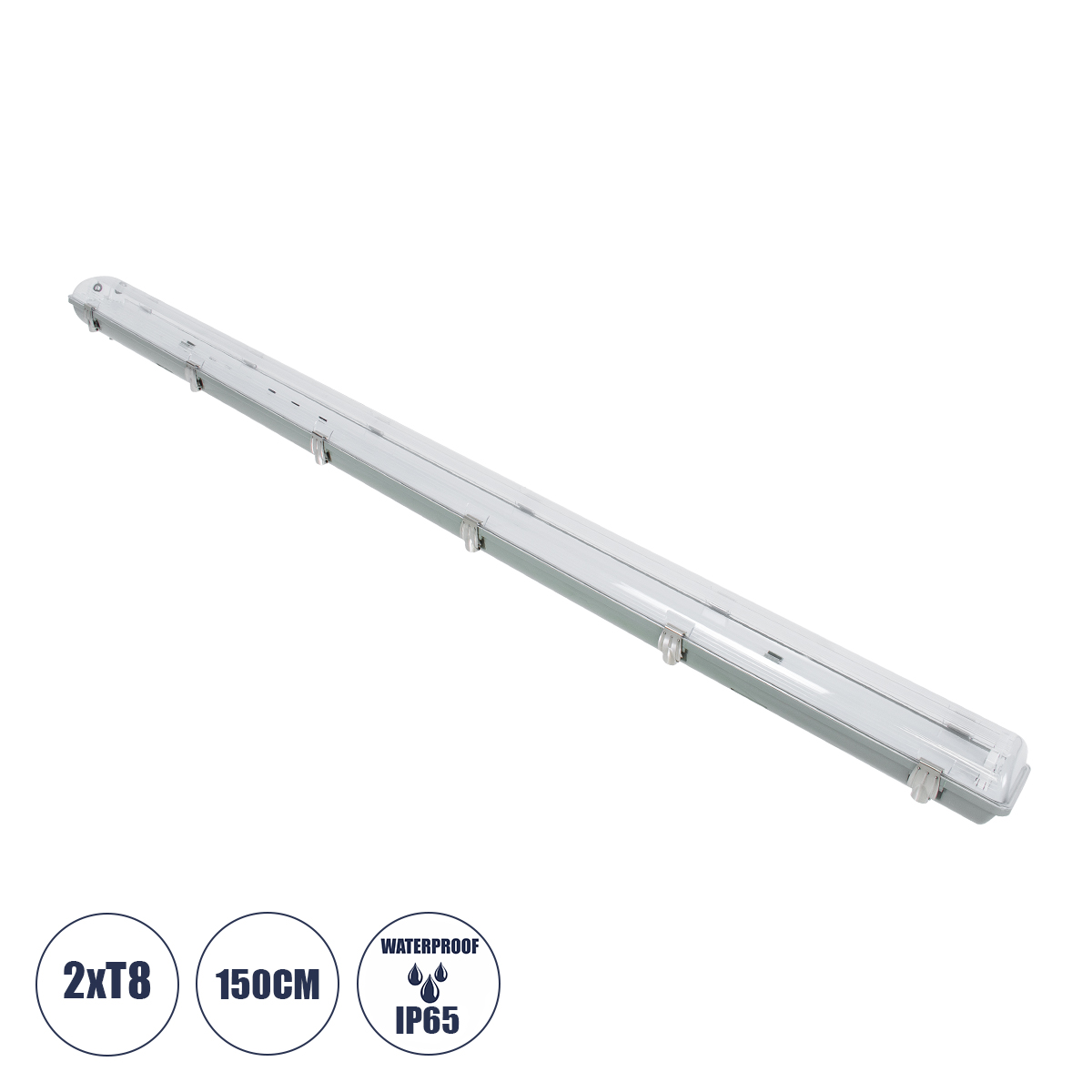 GLOBOSTAR® VIGAS 90615 Γραμμικό Βιομηχανικό Φωτιστικό Σκαφάκι Tri-Proof με Μεταλλικά Clips για 2 x Λάμπες T8 G13 150cm Τύπου Φθορίου LED Τροφοδοσίας Ενός Άκρου 120° AC 220-240V Αδιάβροχο IP65 - Γκρι με Διάφανο Κάλυμμα Πλαστικό PC - Μ156 x Π12 x Υ9cm