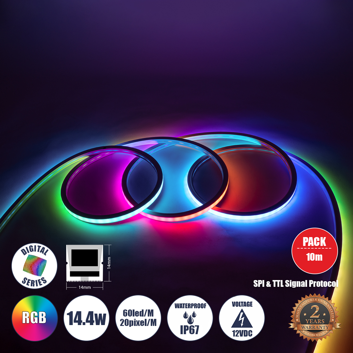 GLOBOSTAR® NEONIO-A 90753 Ψηφιακή Pixel Addressable Ταινία Neon Flex LED 14.4W/m 864lm/m 90° DC 12V Αδιάβροχο IP65 60 x SMD5050 Chip/m 20 x Pixel/m Πολύχρωμο RGB Dimmable SPI/TTL Protocol IC SM16703P/WS2811/WS2812 - Sanan SMD Chip - Μ1000 x Π1.4 x Υ1.4cm 