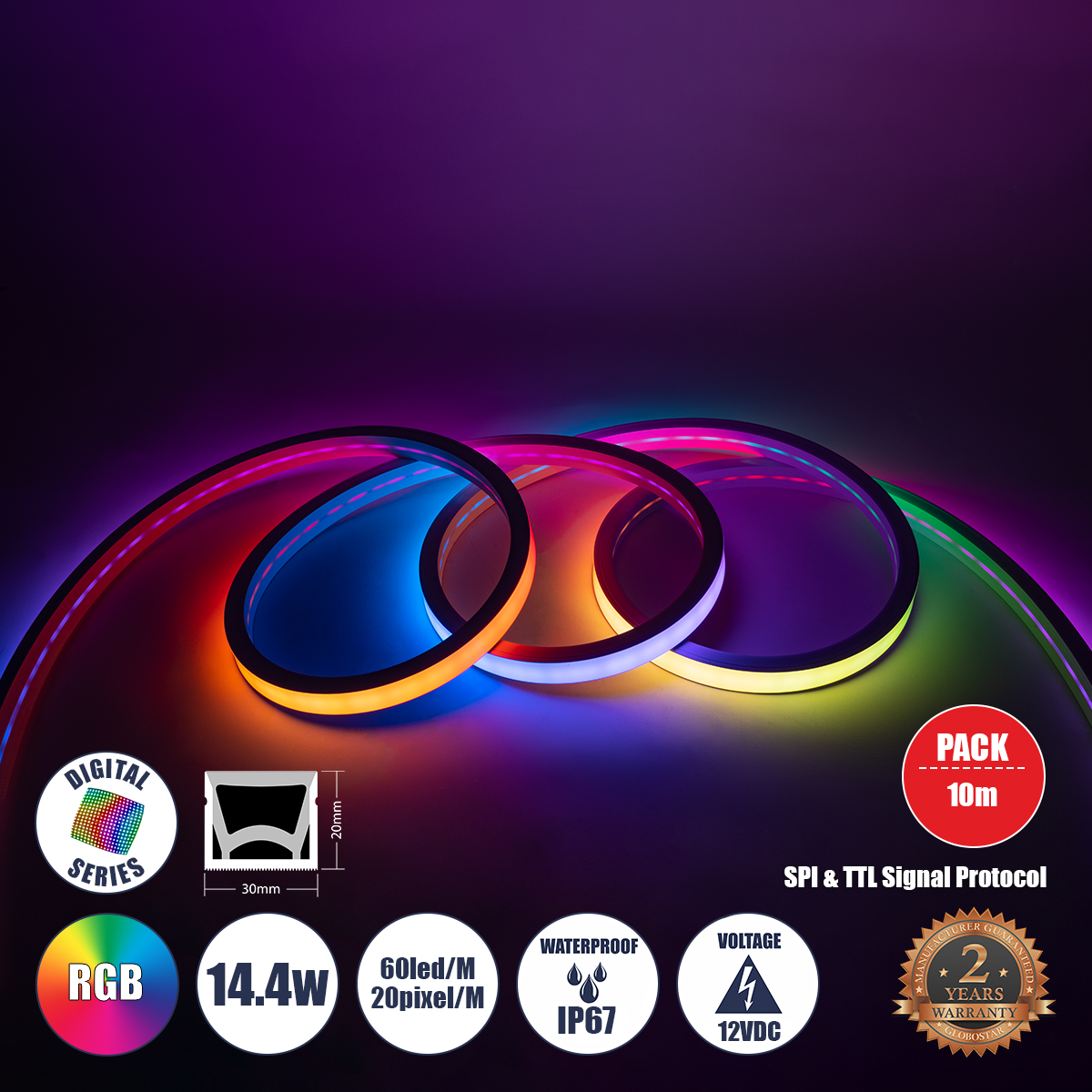 GLOBOSTAR® NEONIO-B 90754 Ψηφιακή Pixel Addressable Ταινία Neon Flex LED 14.4W/m 864lm/m 90° DC 12V Αδιάβροχο IP65 60 x SMD5050 Chip/m 20 x Pixel/m Πολύχρωμο RGB Dimmable SPI/TTL Protocol IC SM16703P/WS2811/WS2812 - Sanan SMD Chip - Μ1000 x Π3 x Υ2cm - Ρο