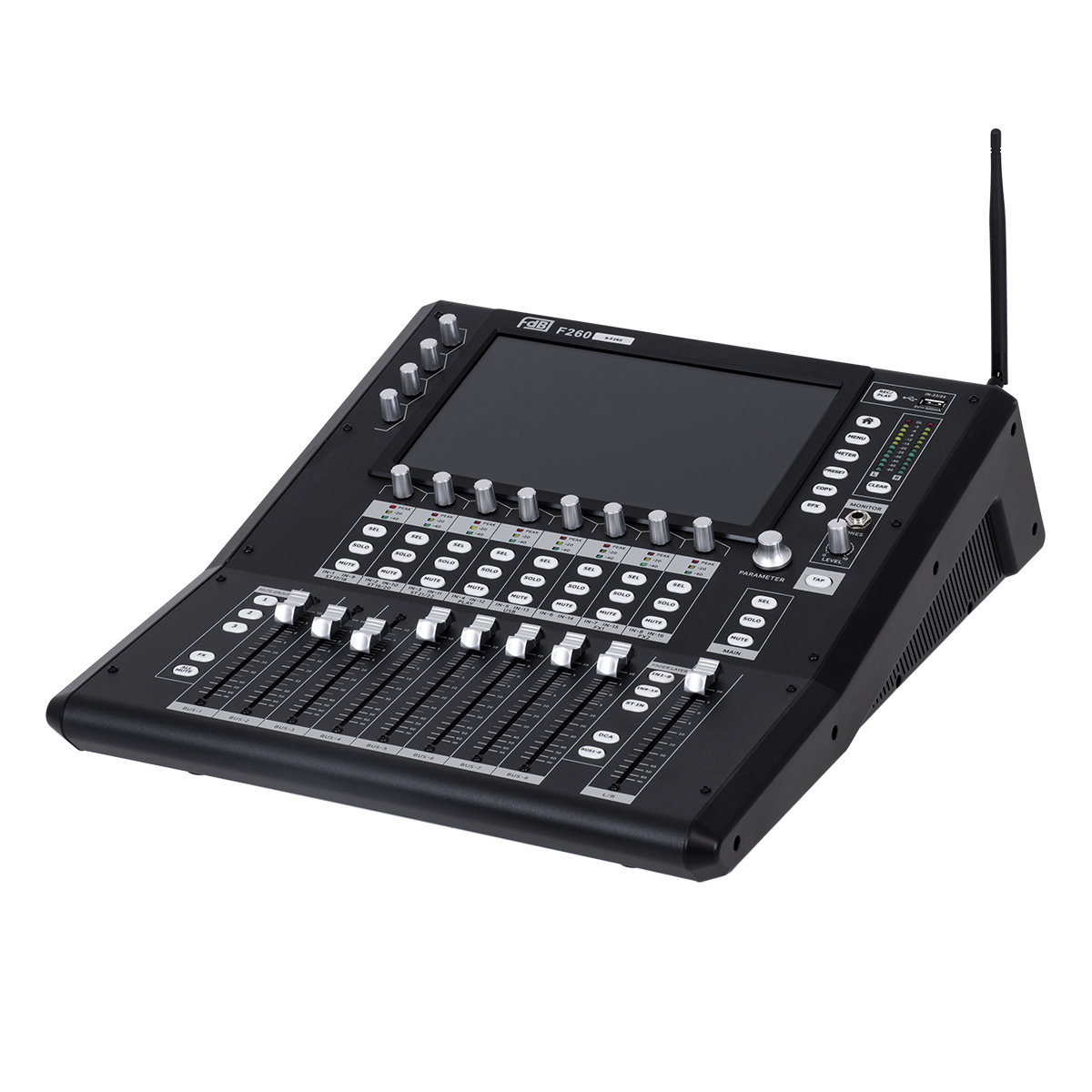 GloboStar® FDB F260 98023 Multifunctional Digital Mixer Audio Console 24Ch - Επαγγελματική Ψηφιακή Κονσόλα Ήχου 16Ch Audio In / 8Ch Audio Out / 8Ch BUS Out - Οθόνη Αφής 10" HD - Wifi Smart System - UDP - AC 220V/50-60Hz - IP20 - Μαύρο - Μ38 x Π49 x Υ