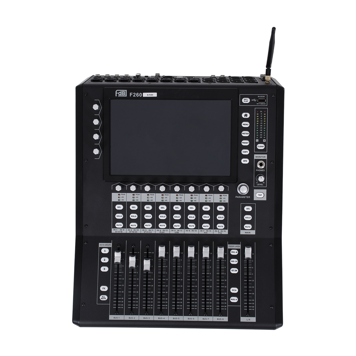 GloboStar® FDB F260 98023 Multifunctional Digital Mixer Audio Console 24Ch - Επαγγελματική Ψηφιακή Κονσόλα Ήχου 16Ch Audio In / 8Ch Audio Out / 8Ch BUS Out - Οθόνη Αφής 10" HD - Wifi Smart System - UDP - AC 220V/50-60Hz - IP20 - Μαύρο - Μ38 x Π49 x Υ