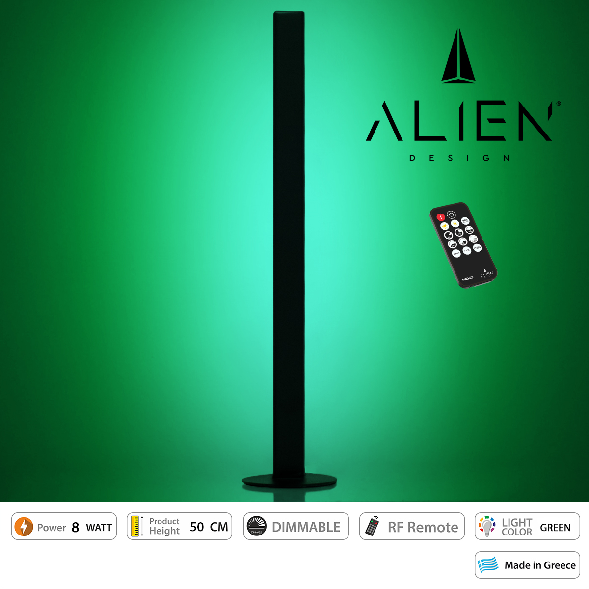 GloboStar® ALIEN-DIVA-BLACK-50-5 ALIEN Design DIVA Μοντέρνο Minimal Nordic Μεταλλικό Φωτιστικό Επιτραπέζιο - Πορτατίφ - Λαμπατέρ Μαύρο LED 8W 800lm με Ασύρματο Χειριστήριο RF & Dimmer IP20 Πράσινο Μ3 x Π1.6 x Υ50cm
