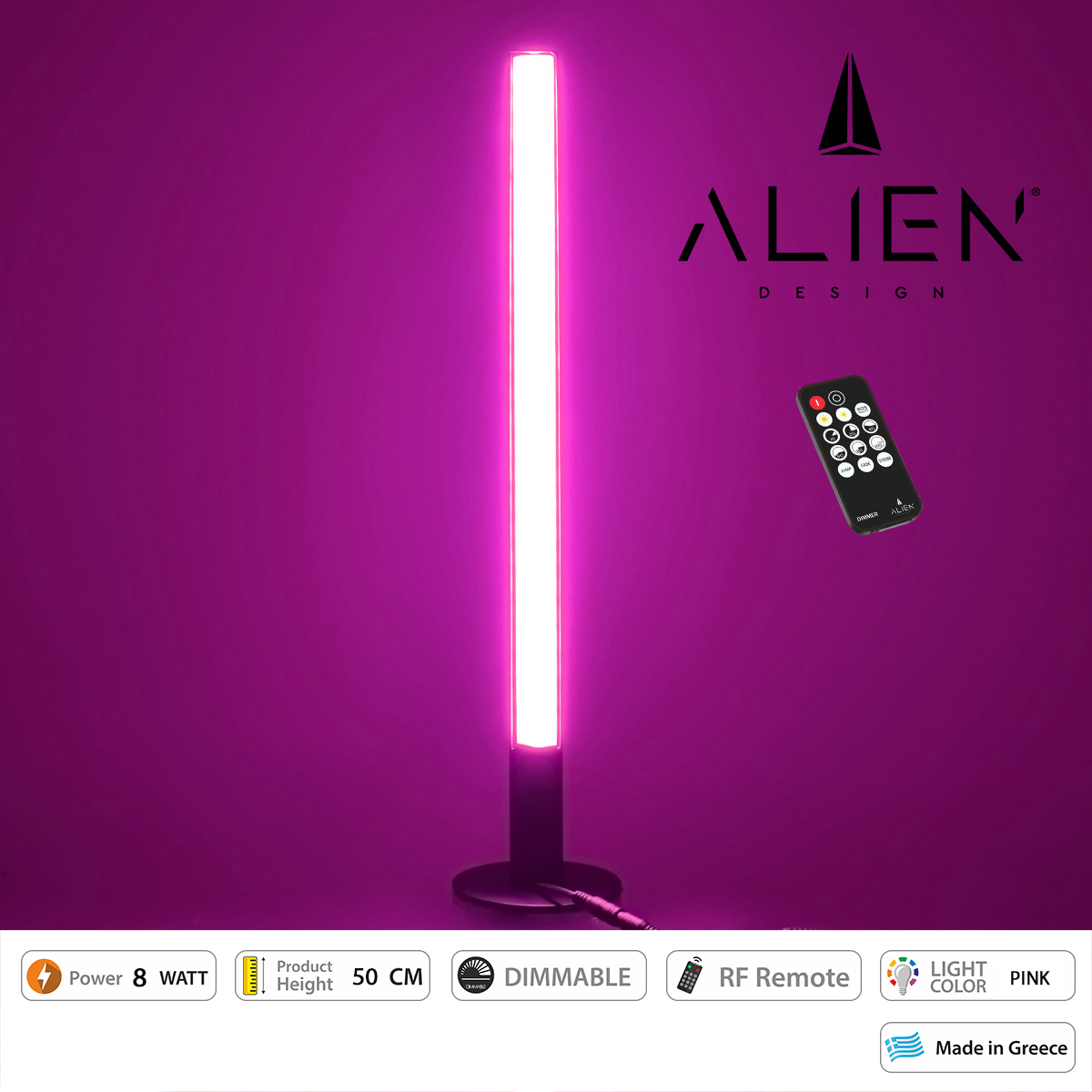 GloboStar® ALIEN-DIVA-BLACK-50-7 ALIEN Design DIVA Μοντέρνο Minimal Nordic Μεταλλικό Φωτιστικό Επιτραπέζιο - Πορτατίφ - Λαμπατέρ Μαύρο LED 8W 800 lm με Ασύρματο Χειριστήριο RF & Dimmer IP20 Ροζ Μ3 x Π1.6 x Υ50cm