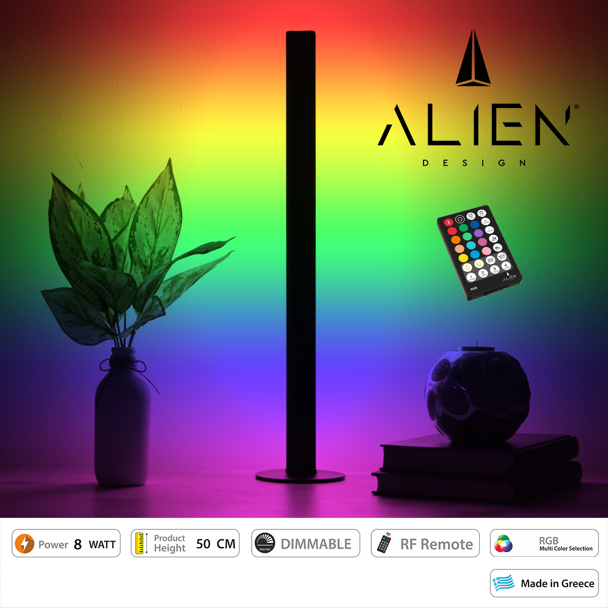 GloboStar® ALIEN-DIVA-BLACK-50-8 ALIEN Design DIVA Μοντέρνο Minimal Nordic Μεταλλικό Φωτιστικό Επιτραπέζιο - Πορτατίφ - Λαμπατέρ Μαύρο LED 8W 800lm με Ασύρματο Χειριστήριο RF & Dimmer IP20 Πολύχρωμο RGB Μ3 x Π1.6 x Υ50cm