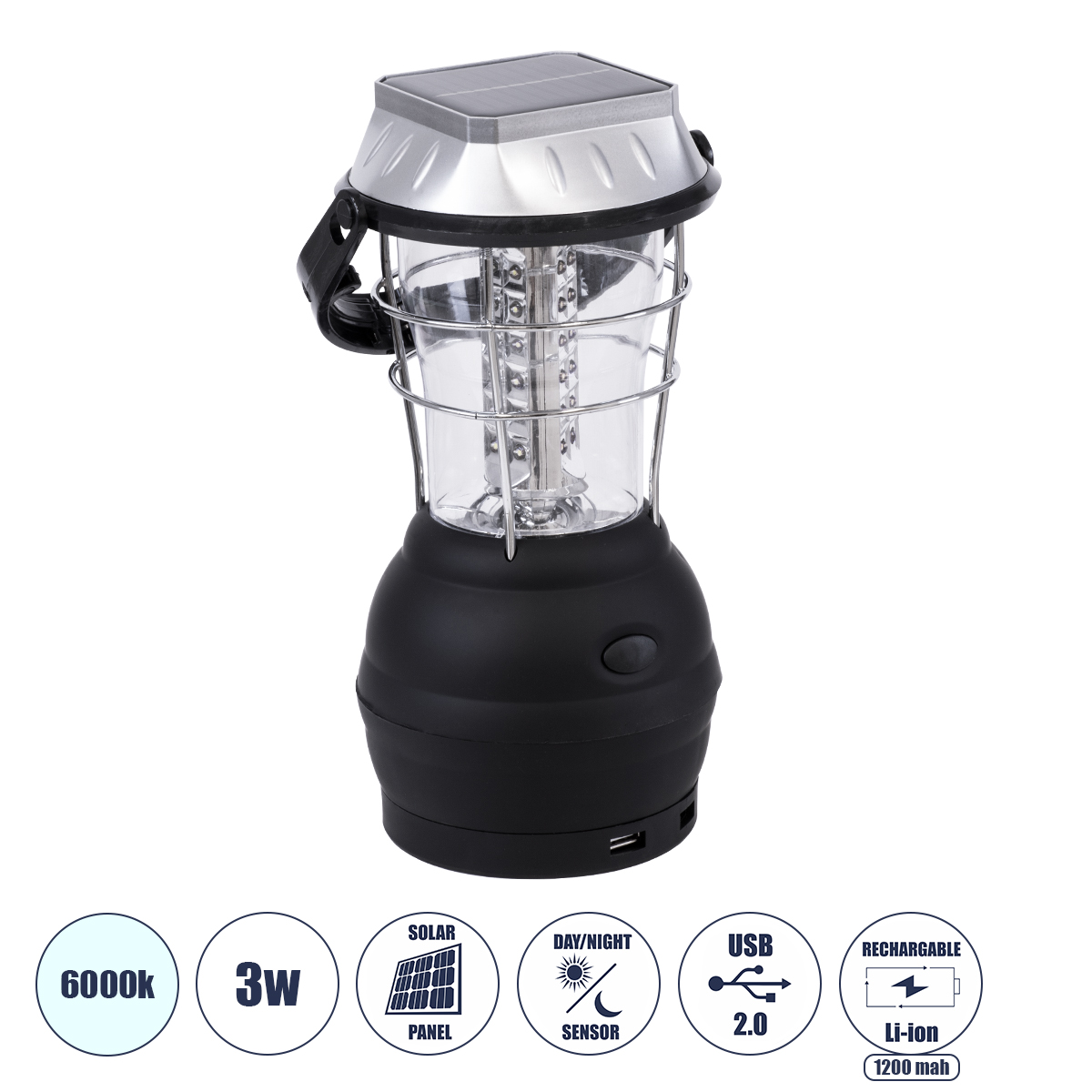GloboStar® 69923 Αυτόνομος Ηλιακός Φωτοβολταϊκός Φορητός Φακός Φανάρι LED Camping 3W 150lm - 1200mAh - Μανιβέλα Φόρτισης - Power Bank - Καλώδιο Φόρτισης Micro USB - Ψυχρό Λευκό 6000K Φ13 x Υ25cm