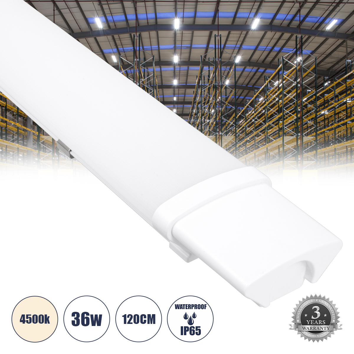 GLOBOSTAR® BIOMI 60165 Γραμμικό Βιομηχανικό Φωτιστικό Tri-Proof LED 36W 3987lm 120° AC 220-240V Αδιάβροχο IP65 Φυσικό Λευκό 4500K - Lumileds SMD Chip - Μ120 x Π6 x Υ4cm - 3 Χρόνια Εγγύηση