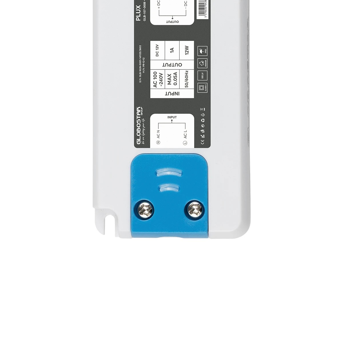GLOBOSTAR® PLUX GLB-107-0009 Τροφοδοτικό/Μετασχηματιστής Class II SELV 12W 1A AC 220-240V σε DC 12V IP20 - Λευκό Ματ - Μ9.9 x Π4.6 x Υ1.1cm - 3 Χρόνια Εγγύηση