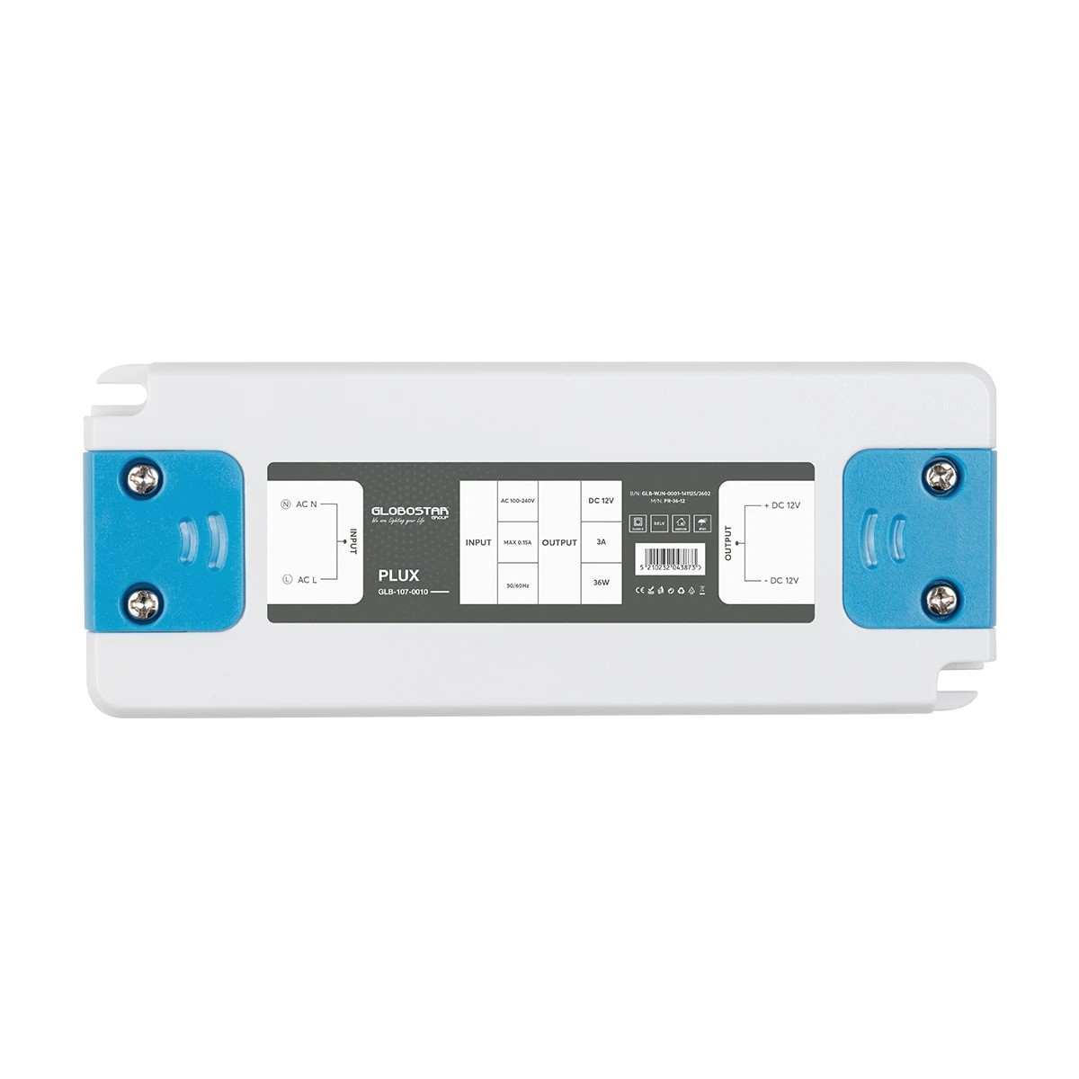 GLOBOSTAR® PLUX GLB-107-0010 Τροφοδοτικό/Μετασχηματιστής Class II SELV 36W 3A AC 220-240V σε DC 12V IP20 - Λευκό Ματ - Μ12.8 x Π5 x Υ1.5cm - 3 Χρόνια Εγγύηση